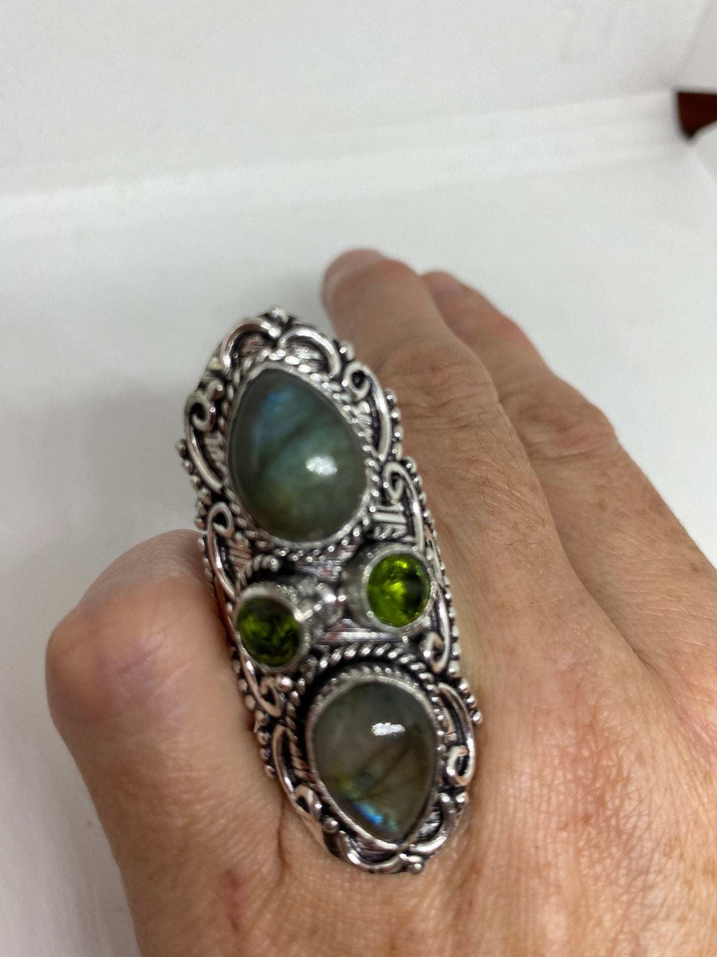 Vintage Large Blue Green Labradorite Stone Silver Ring