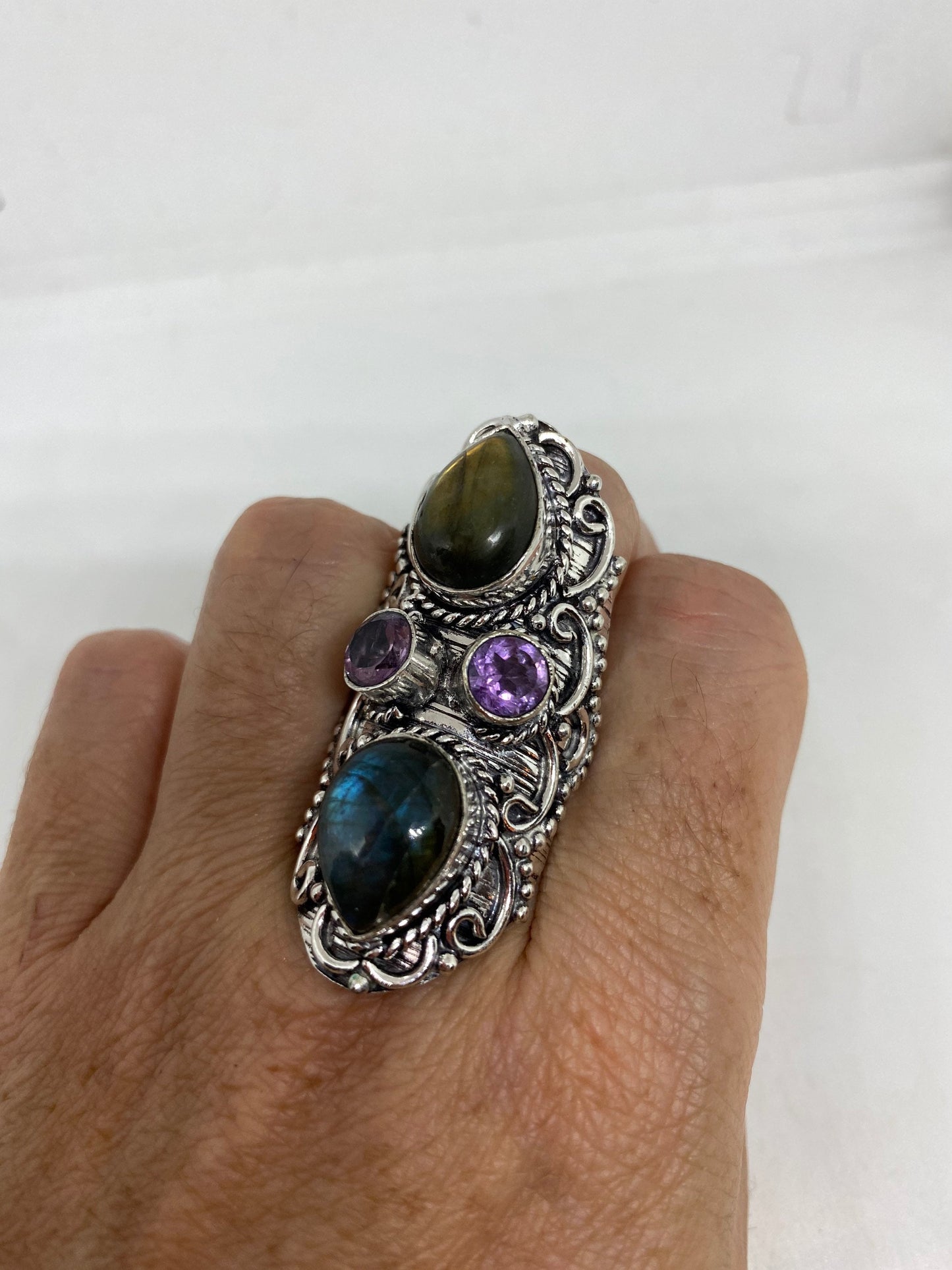 Vintage Large Blue Green Labradorite Stone Silver Ring