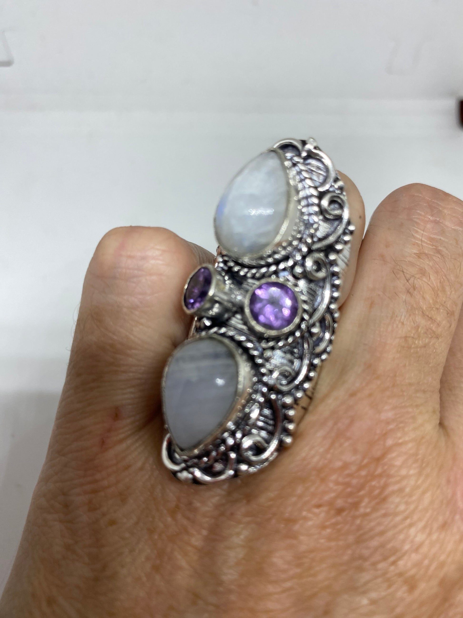 Vintage Blue Green Rainbow Moonstone Silver Ring