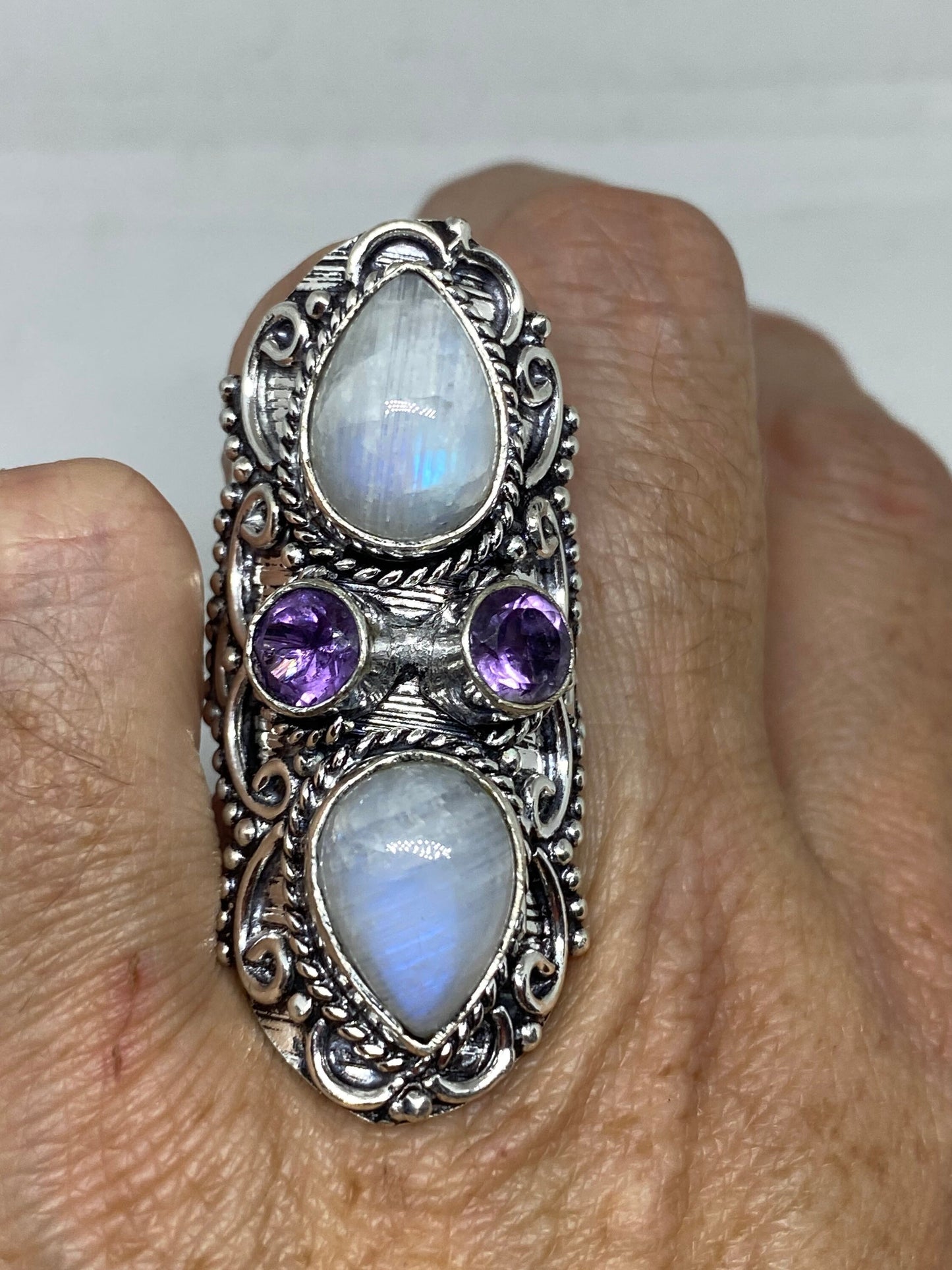 Vintage Blue Green Rainbow Moonstone Silver Ring