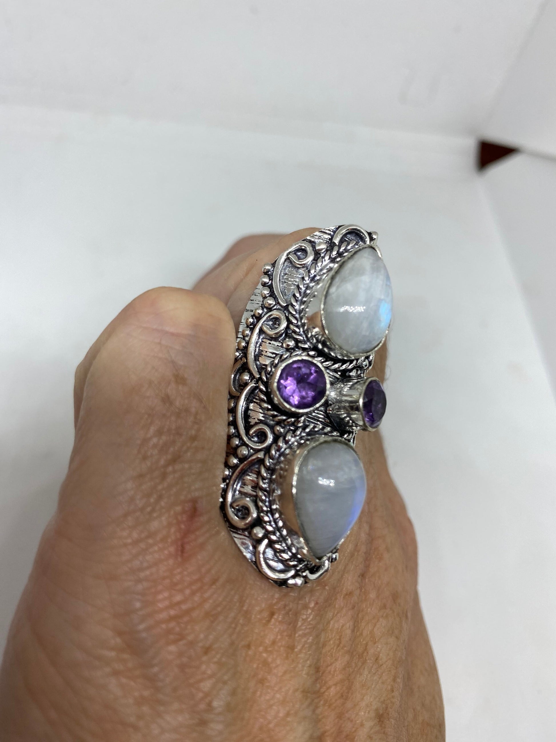 Vintage Blue Green Rainbow Moonstone Silver Ring