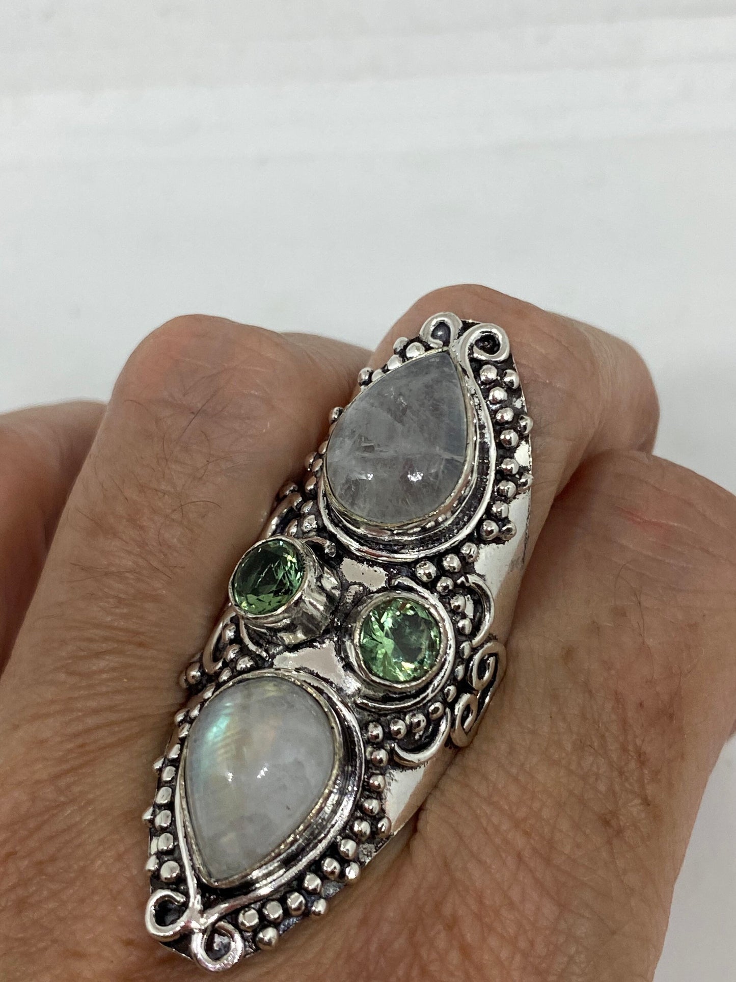 Vintage Blue Green Rainbow Moonstone Silver Ring