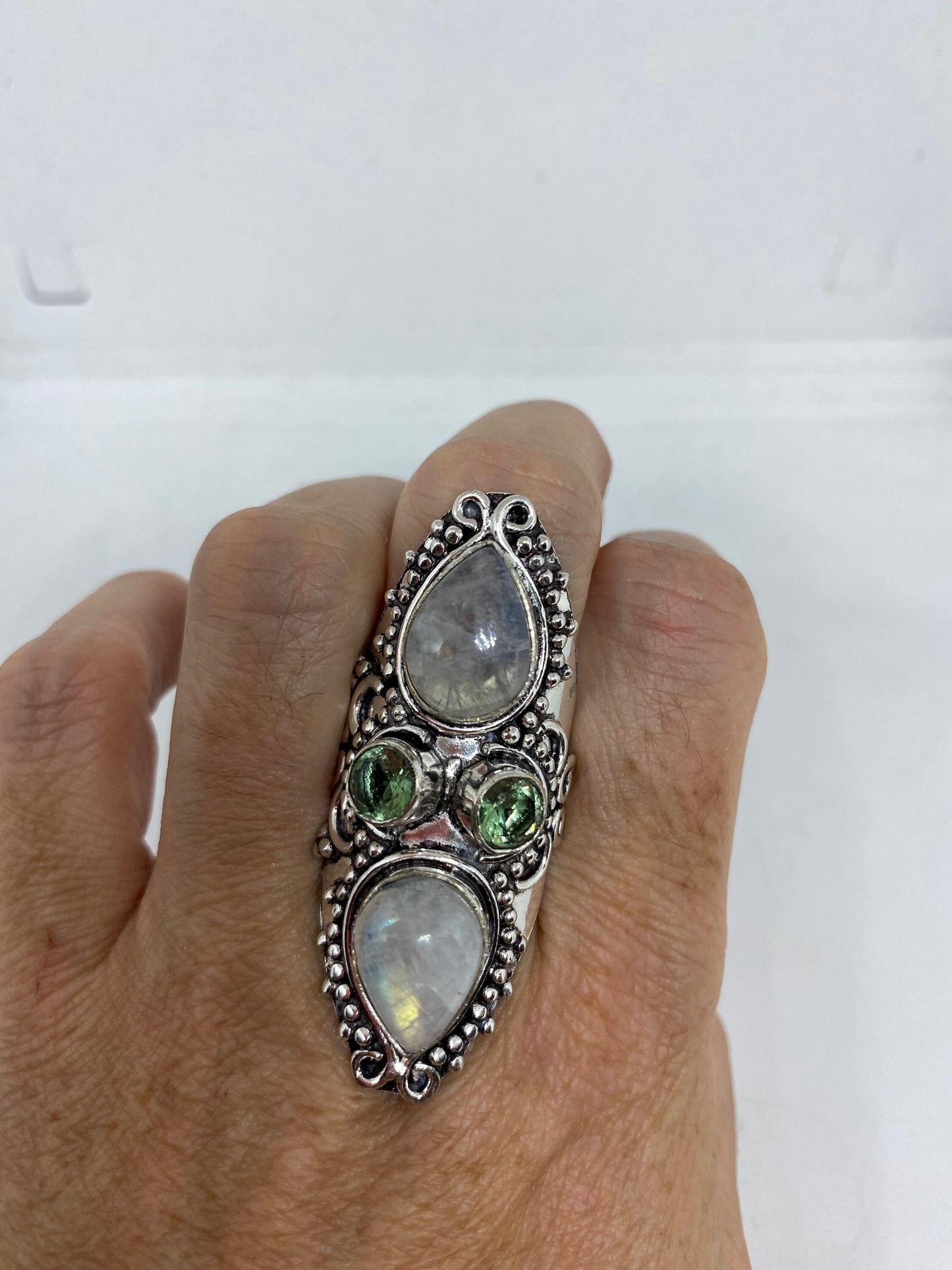 Vintage Blue Green Rainbow Moonstone Silver Ring