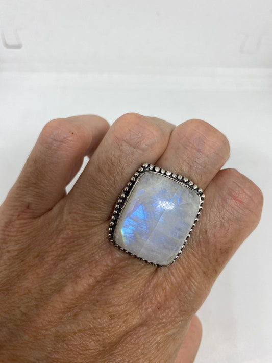 Vintage Genuine Blue White Rainbow Moonstone Ring