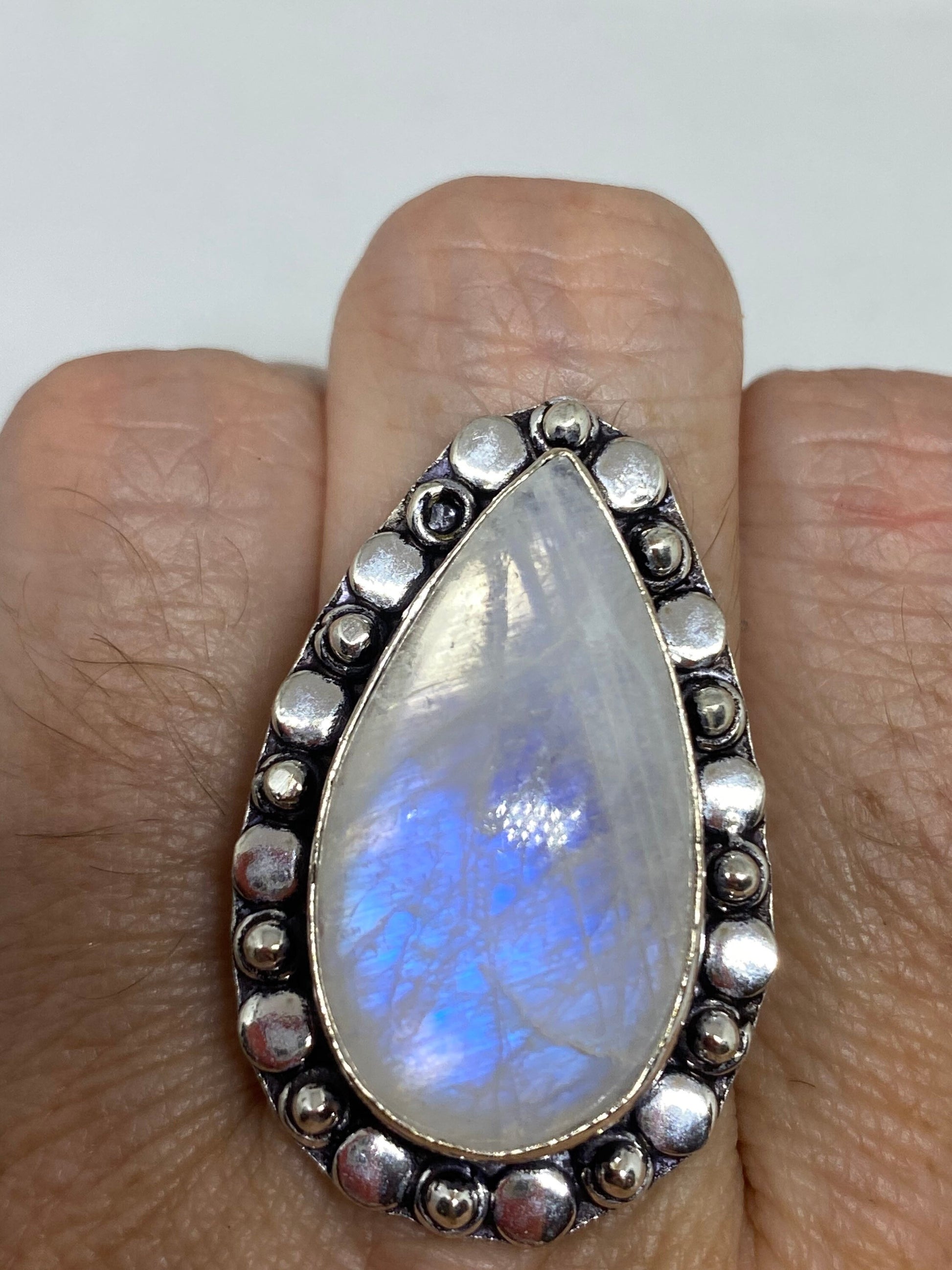 Vintage Genuine Blue White Rainbow Moonstone Ring