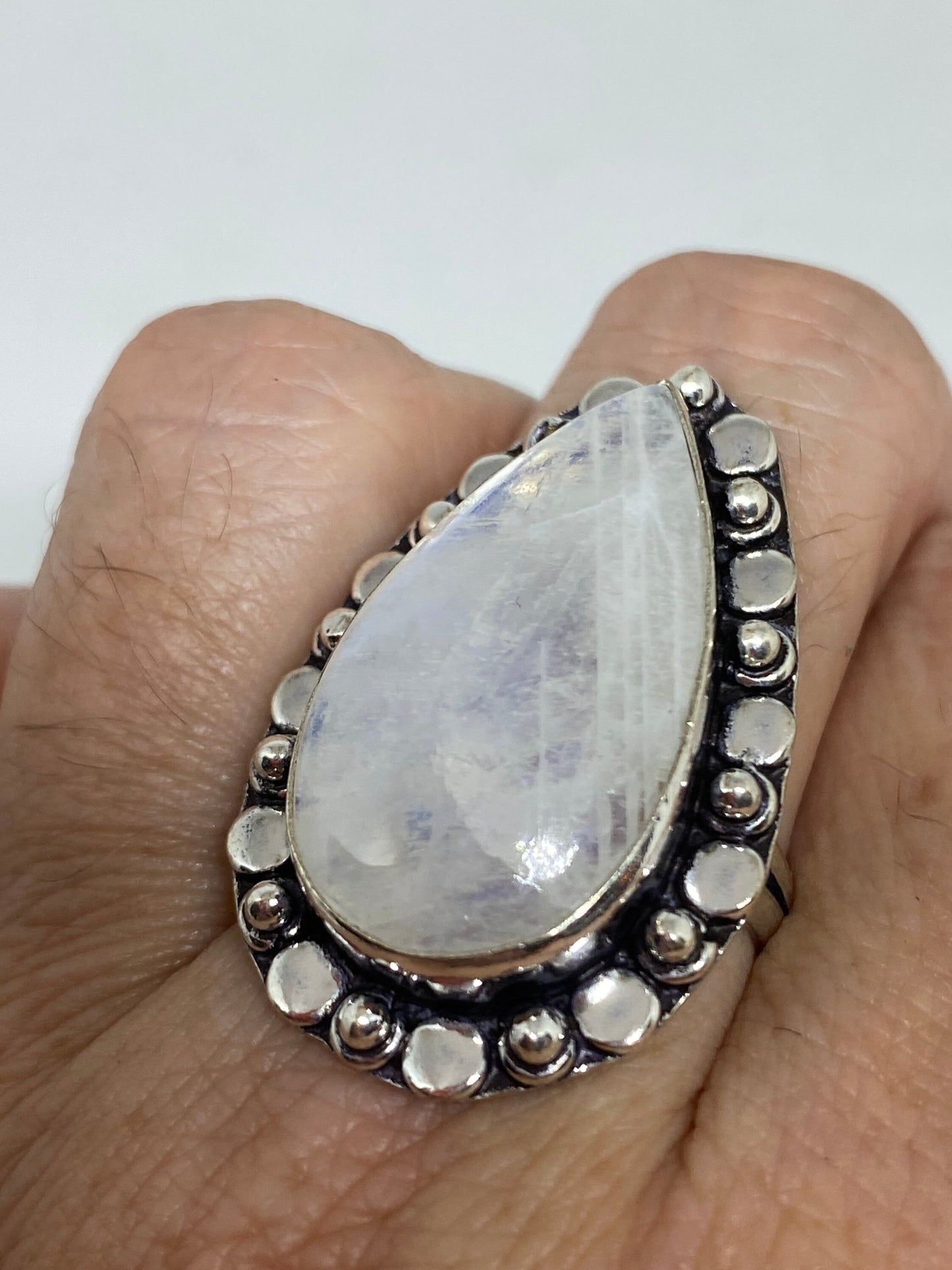 Vintage Genuine Blue White Rainbow Moonstone Ring