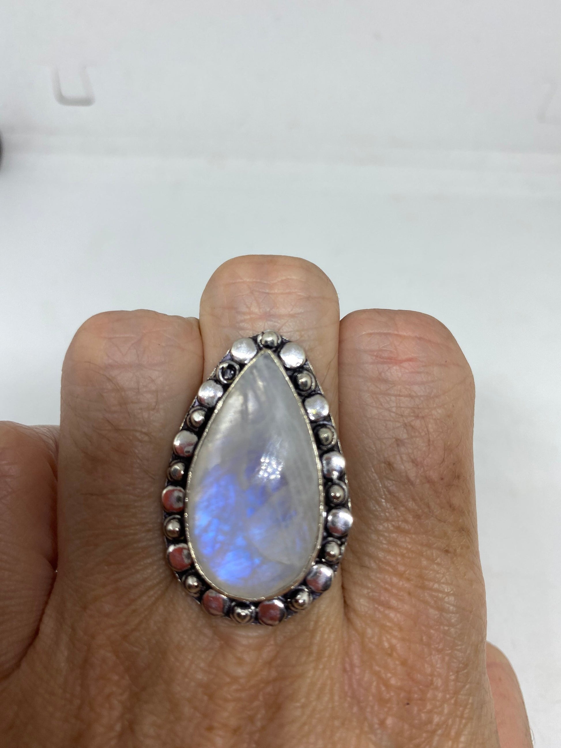 Vintage Genuine Blue White Rainbow Moonstone Ring