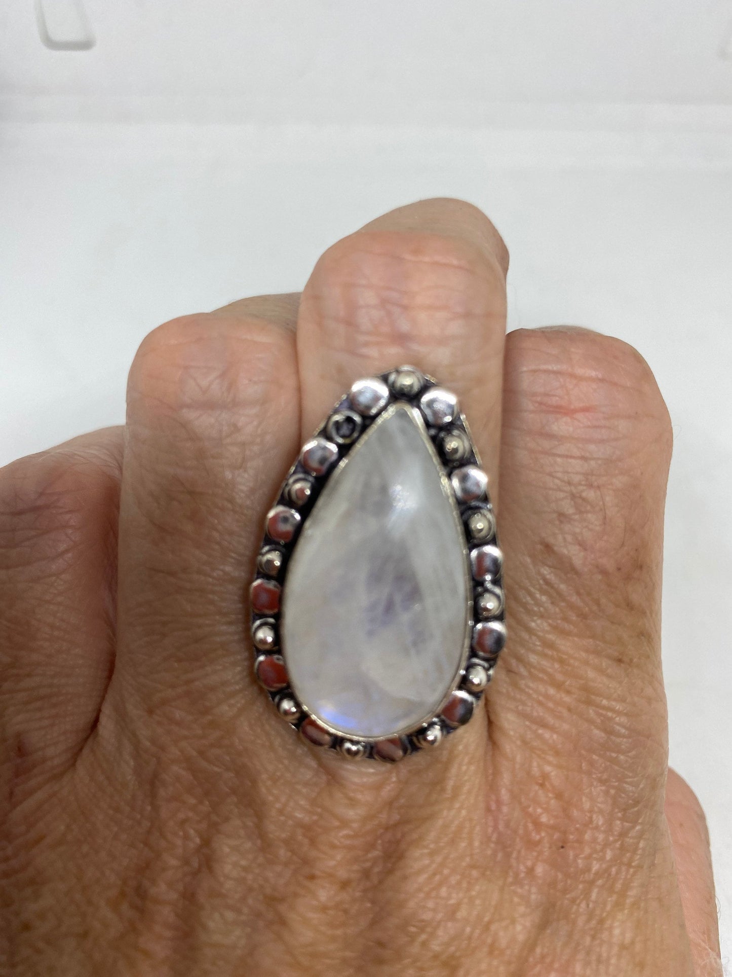 Vintage Genuine Blue White Rainbow Moonstone Ring