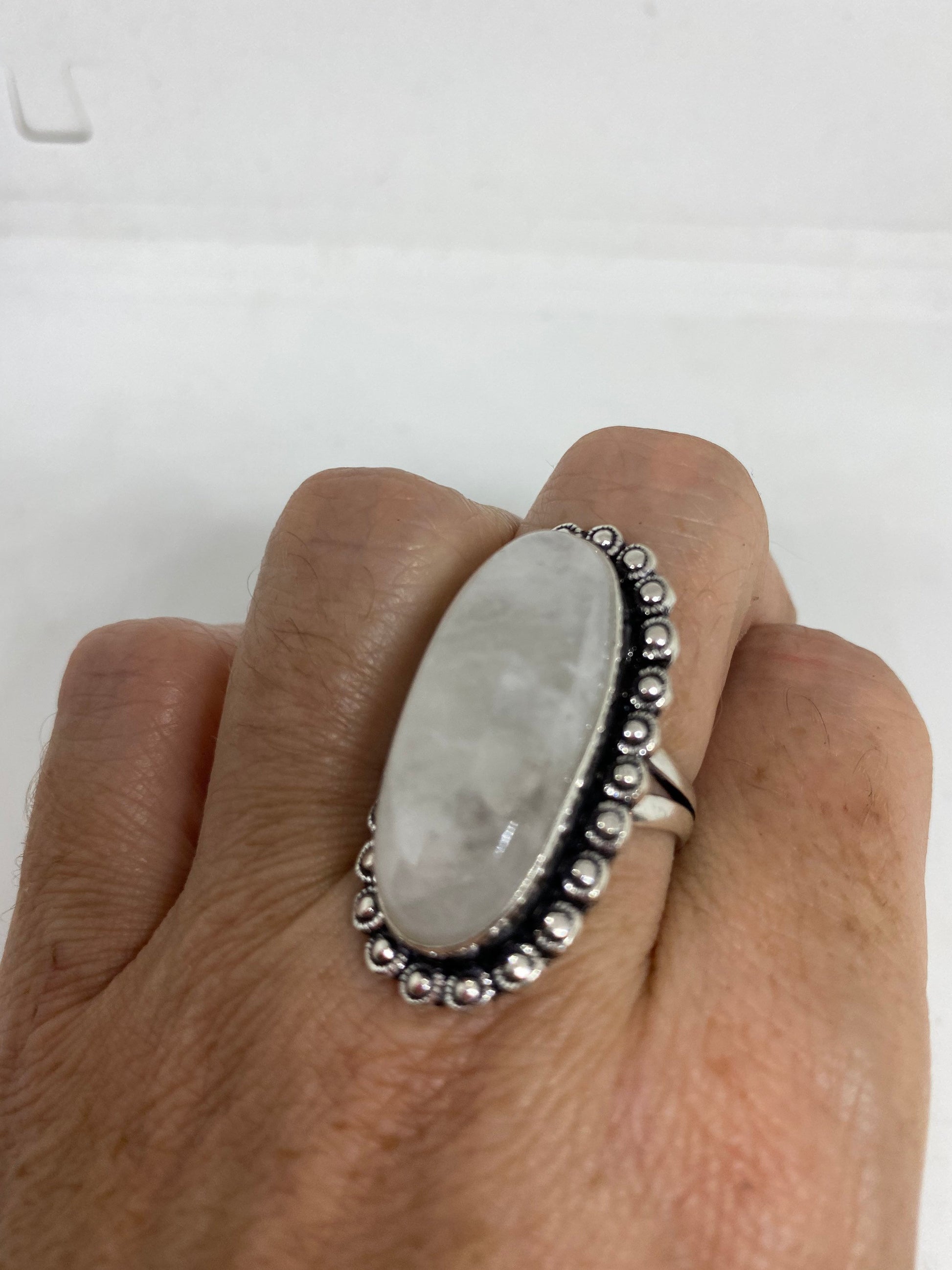 Vintage Genuine Blue White Rainbow Moonstone Ring