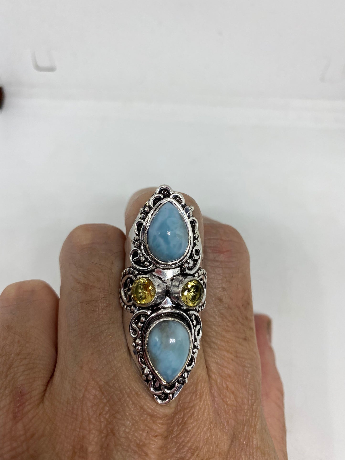 Vintage Blue Genuine Larimar Citrine Ring