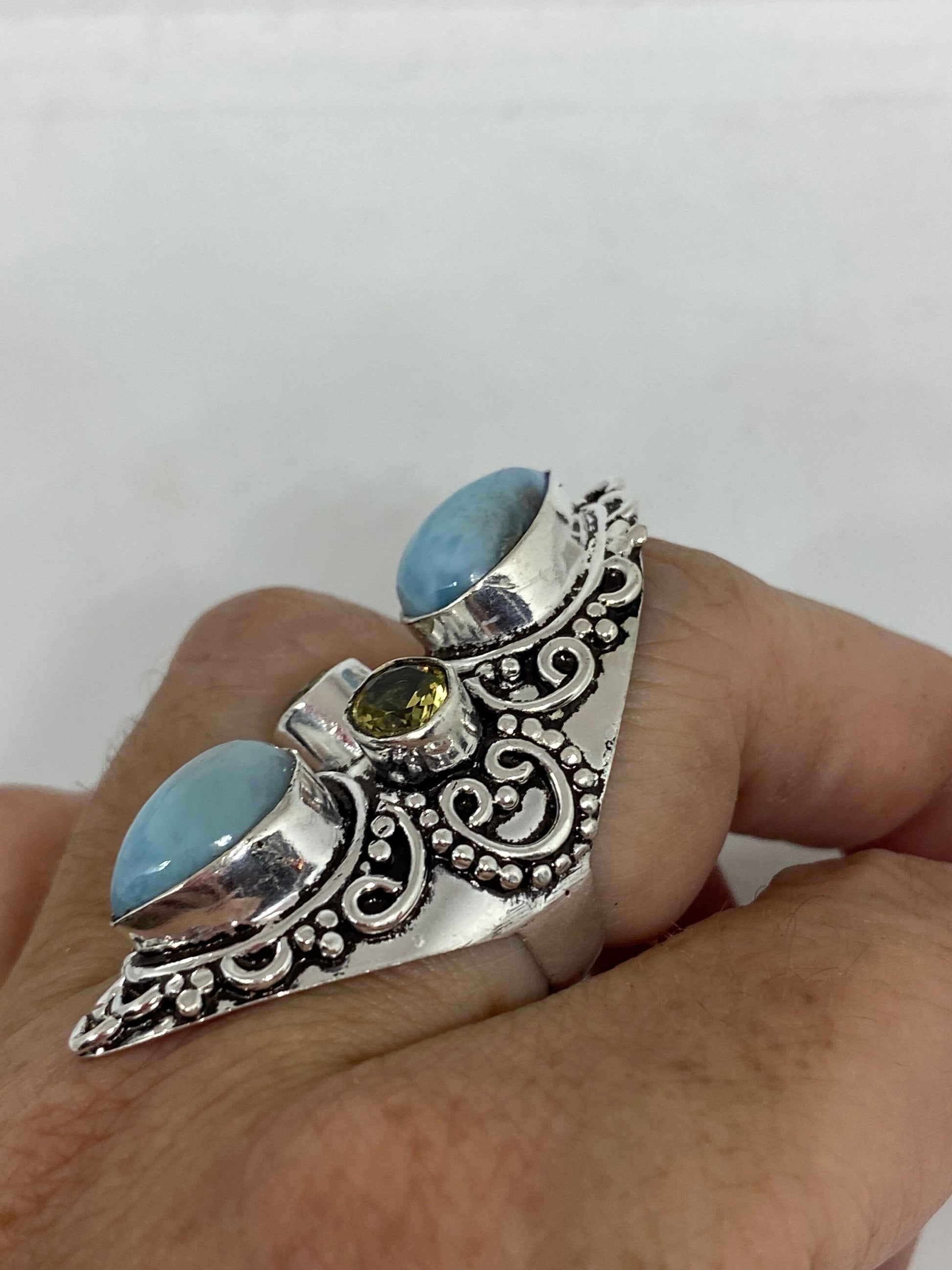 Vintage Blue Genuine Larimar Citrine Ring