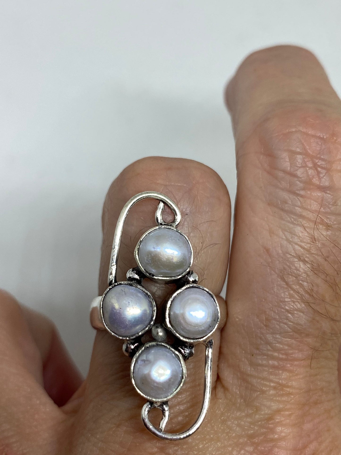 Vintage White Genuine Pearl Silver Cocktail Ring Size 6.25