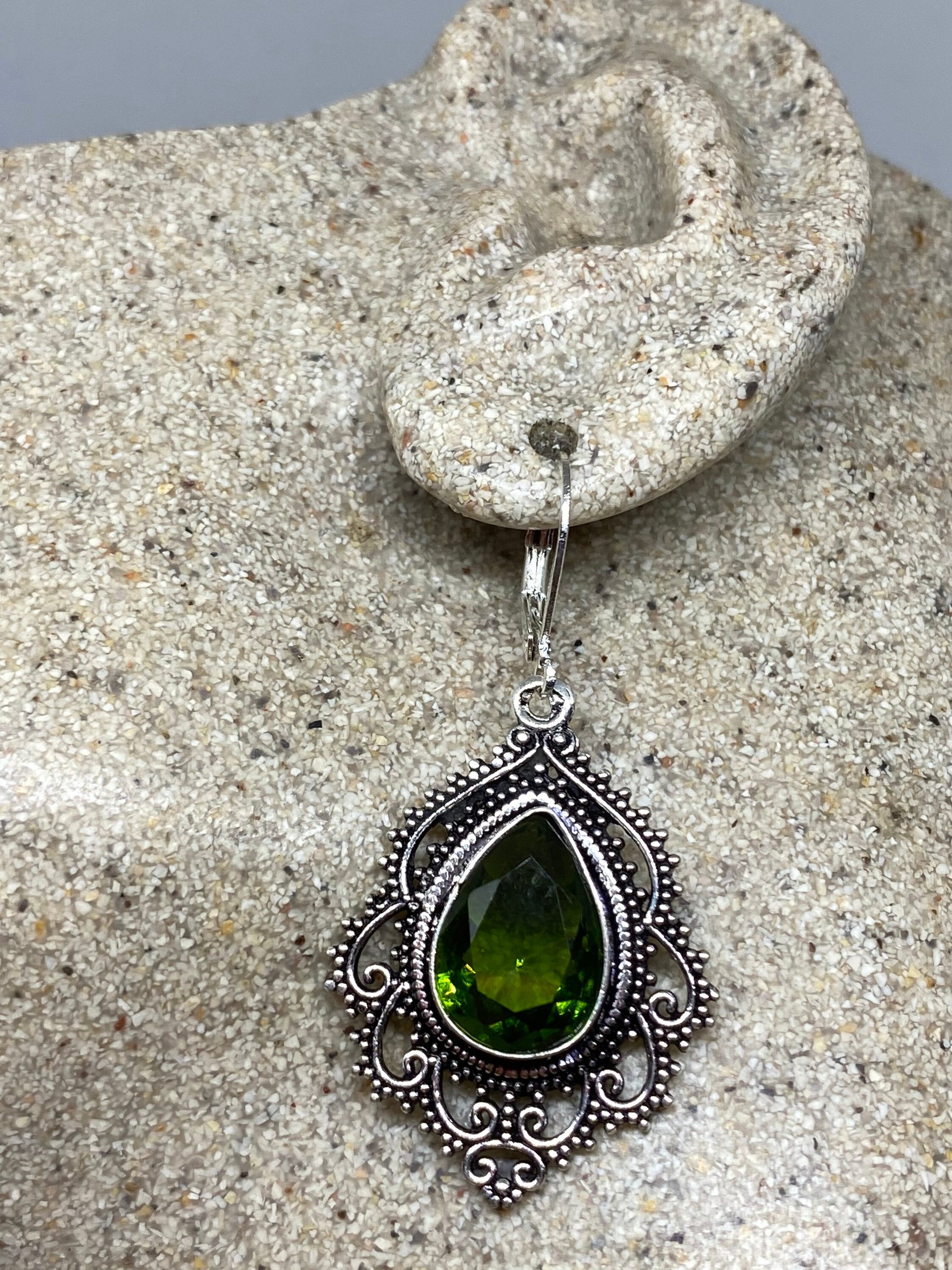 Antique Vintage Green Peridot Silver Dangle Earrings