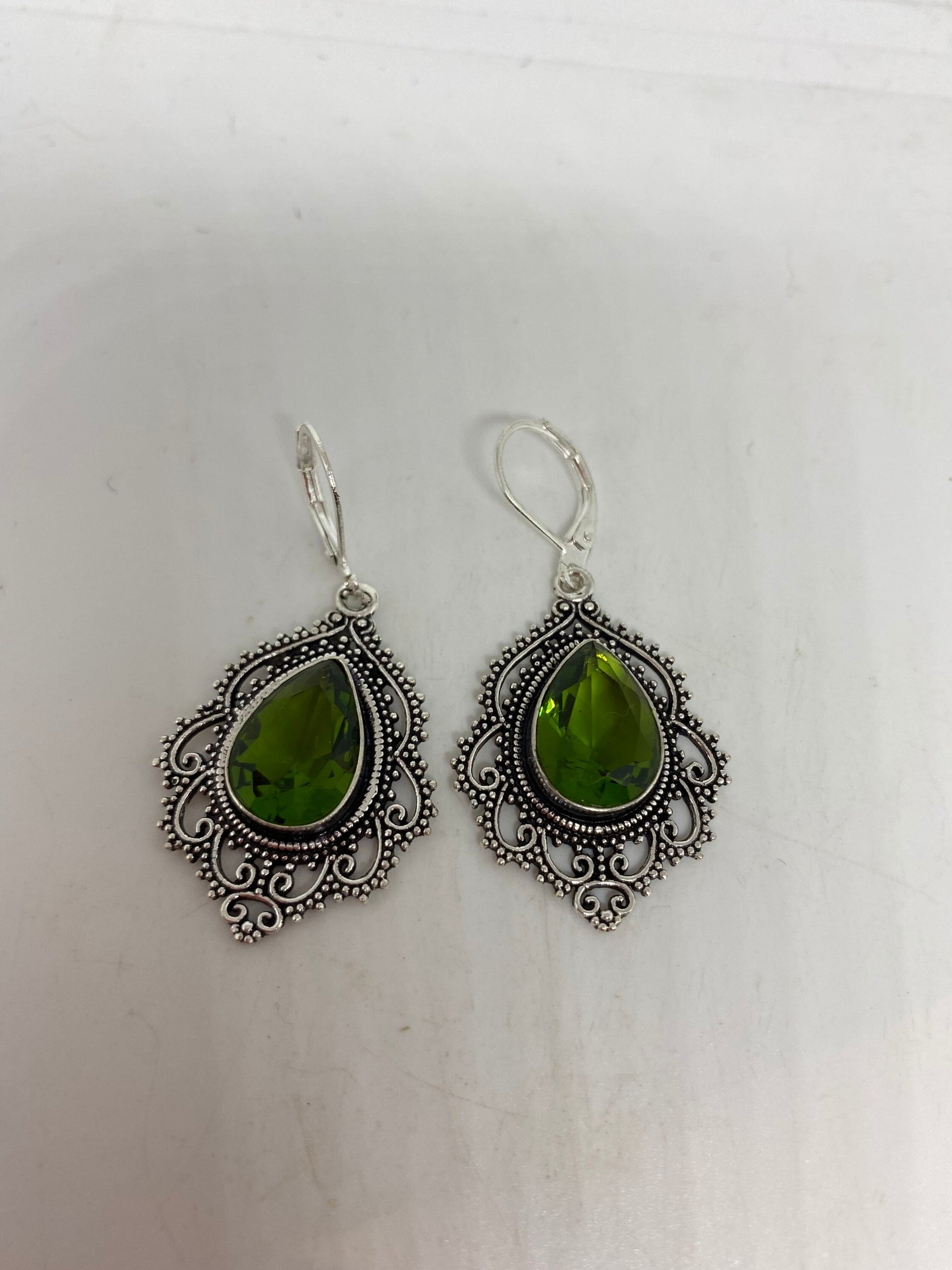 Antique Vintage Green Peridot Silver Dangle Earrings