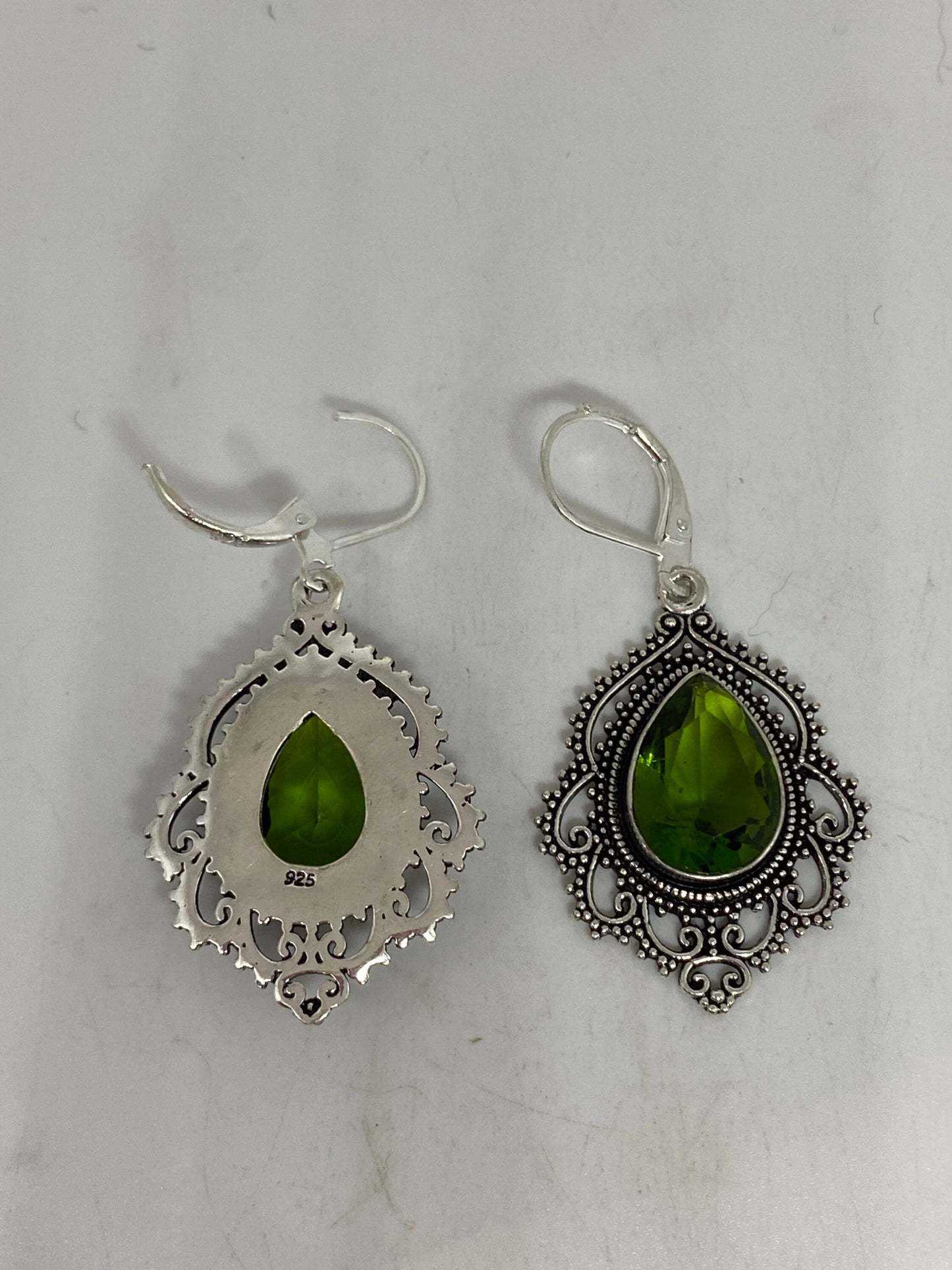 Antique Vintage Green Peridot Silver Dangle Earrings