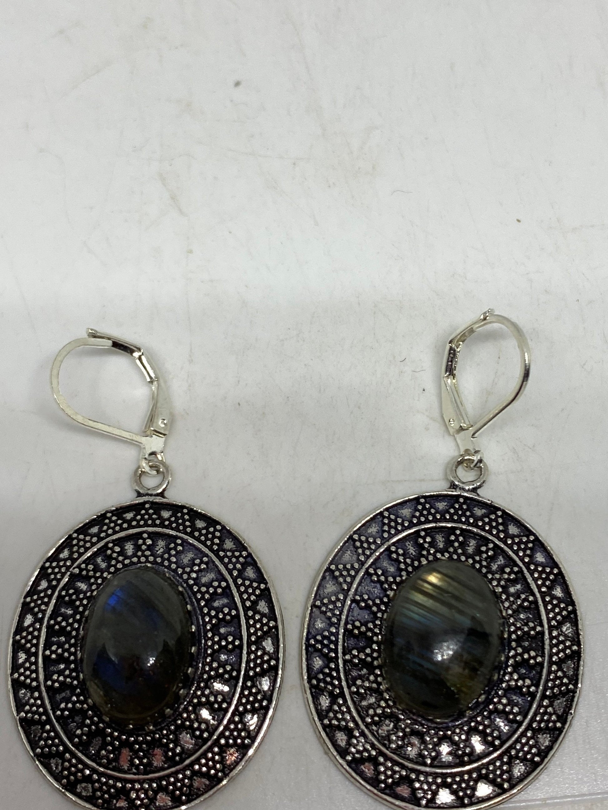 Antique Vintage Green Labradorite Silver Dangle Earrings