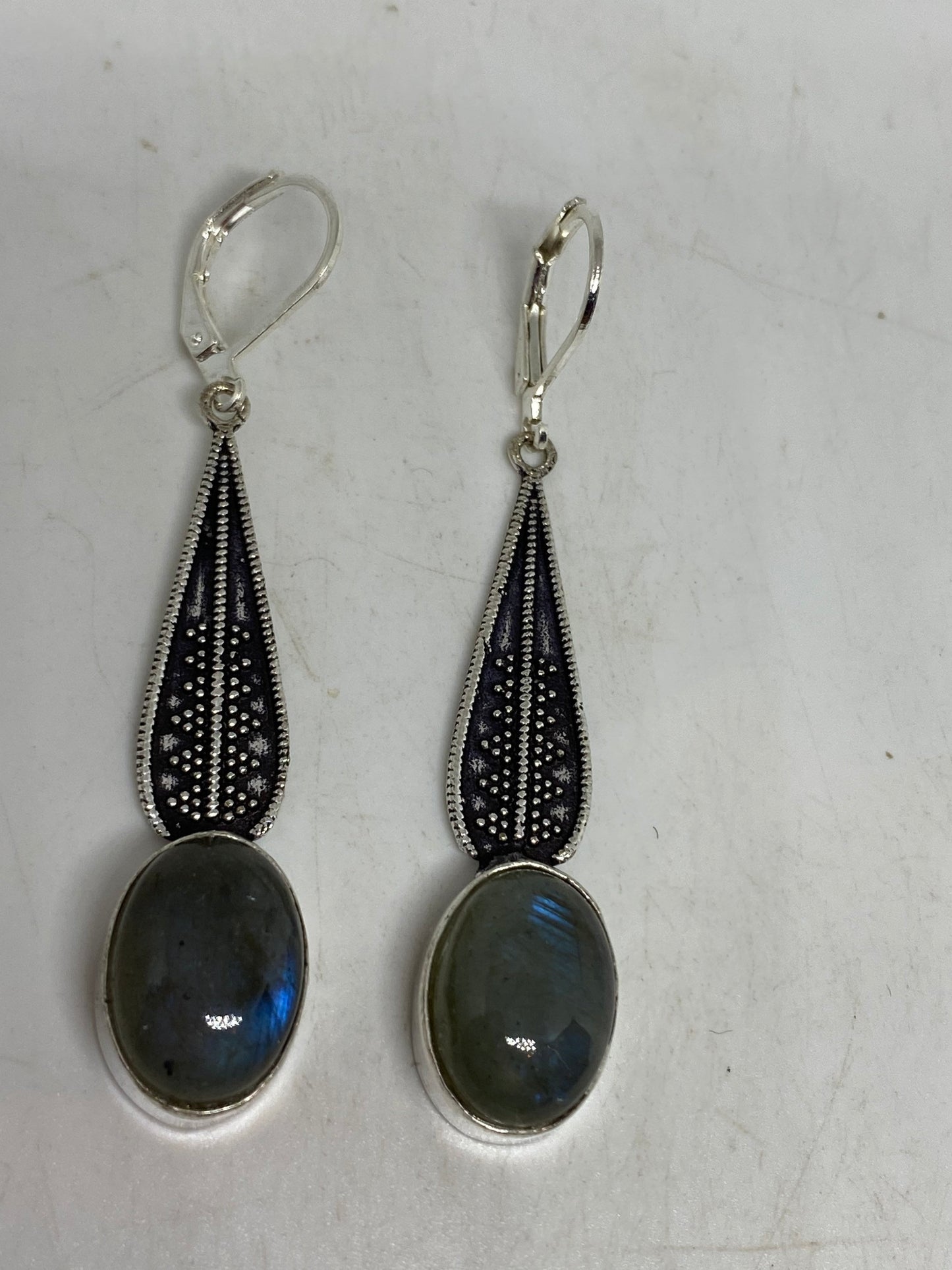 Antique Vintage Green Labradorite Silver Dangle Earrings