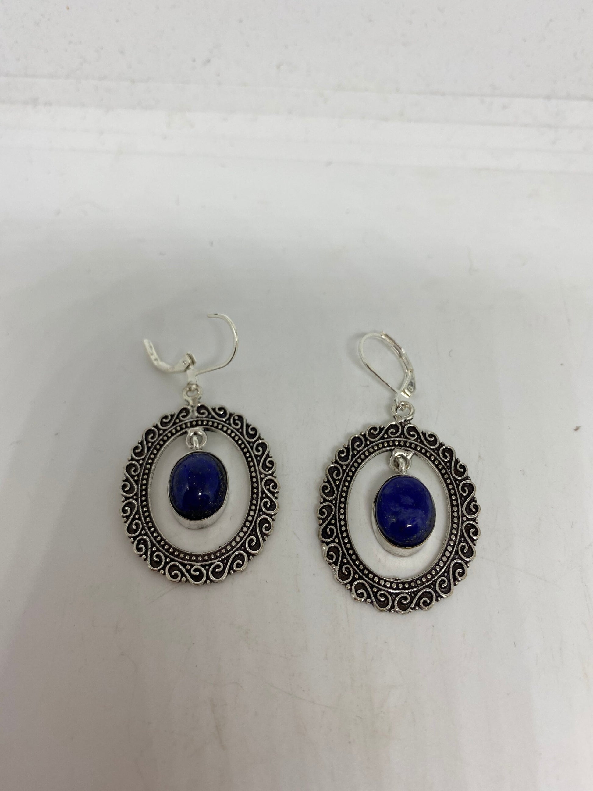 Vintage Blue Lapis Lazuli Earrings Silver Dangle