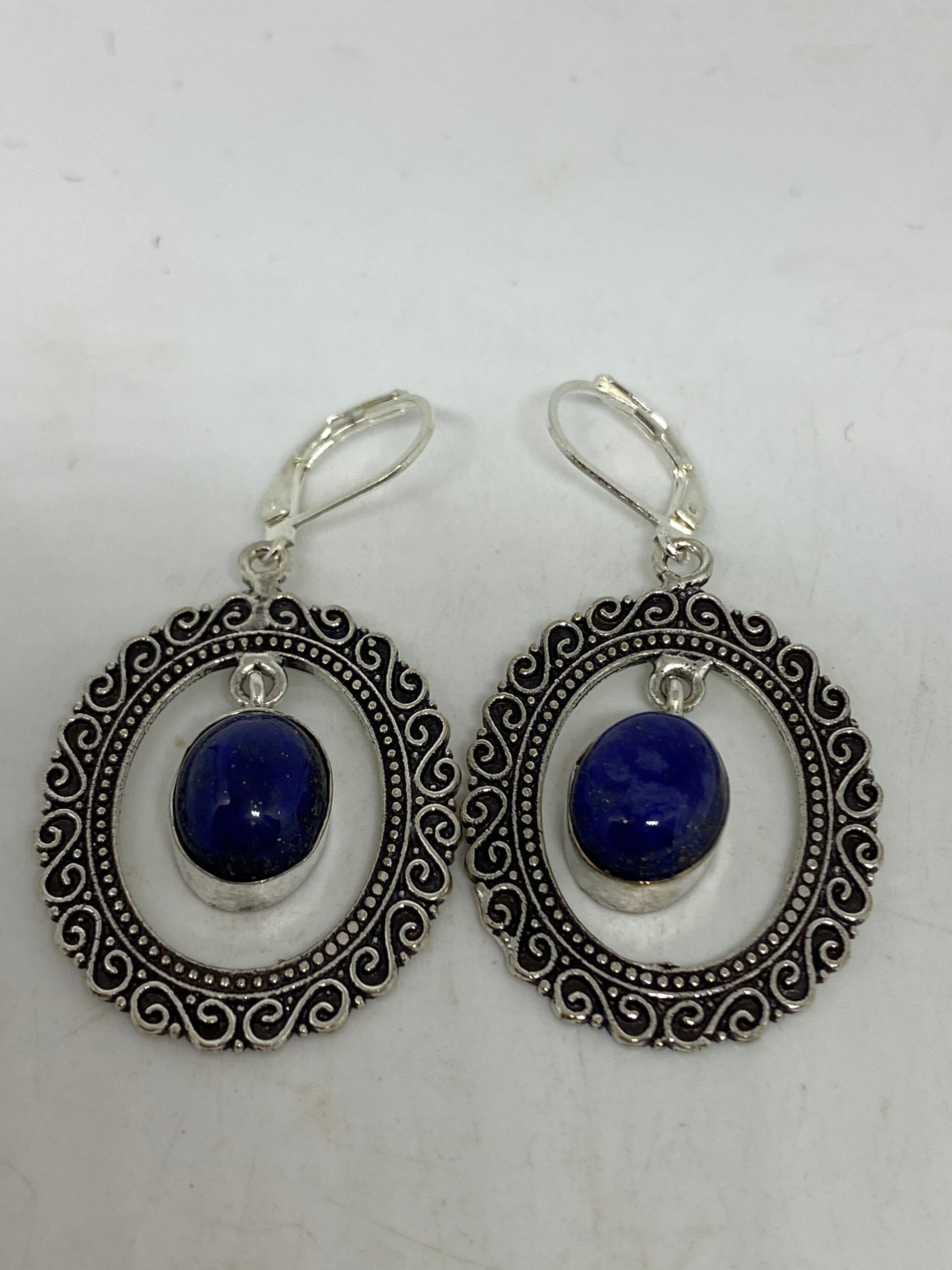 Vintage Blue Lapis Lazuli Earrings Silver Dangle