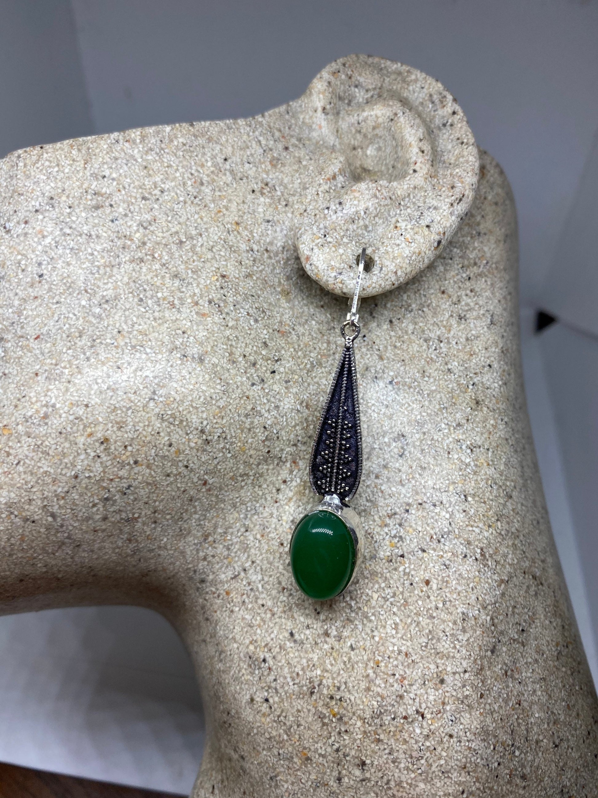 Antique Vintage Green Chrysoprase Silver Dangle Earrings