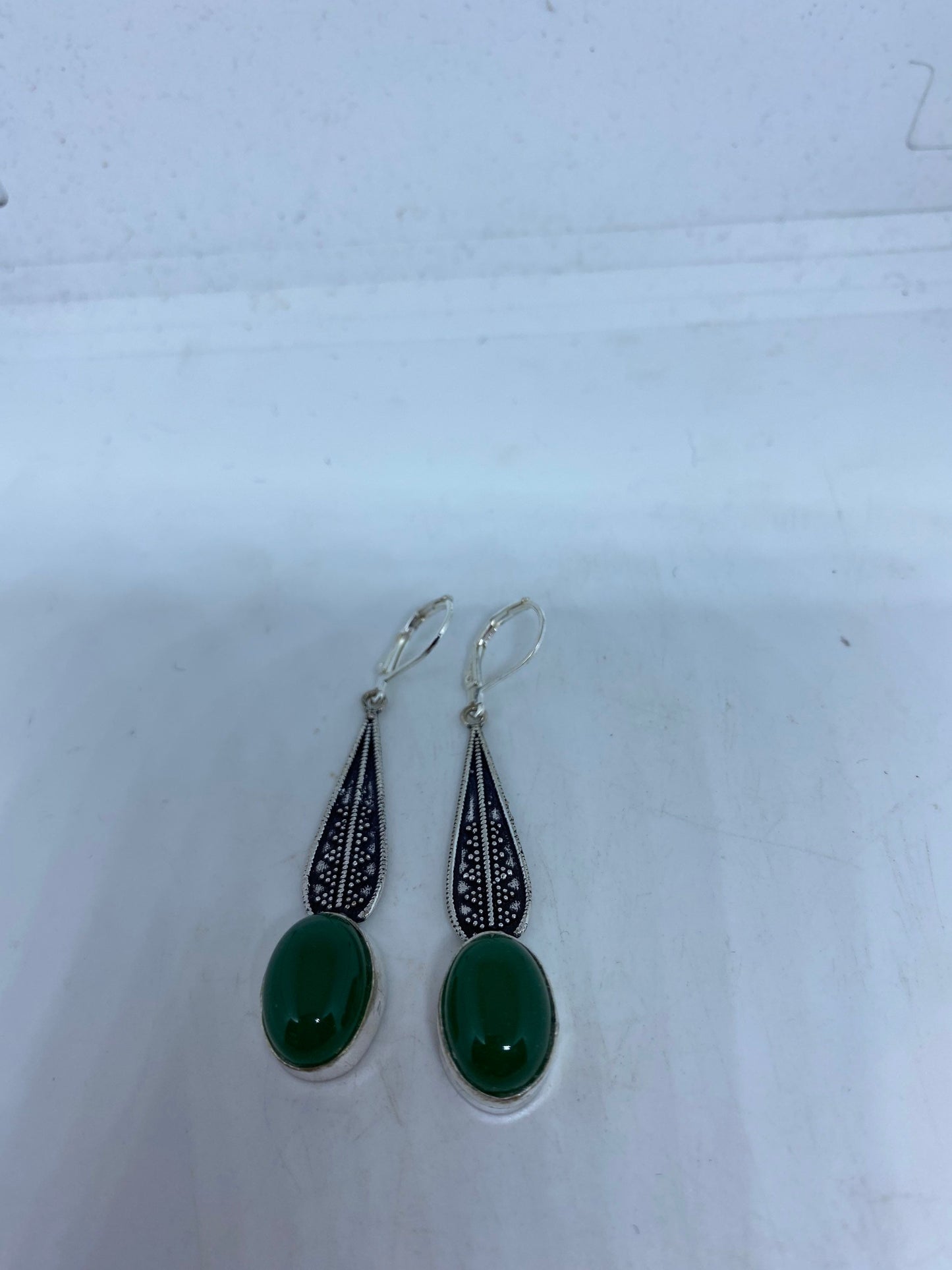 Antique Vintage Green Chrysoprase Silver Dangle Earrings