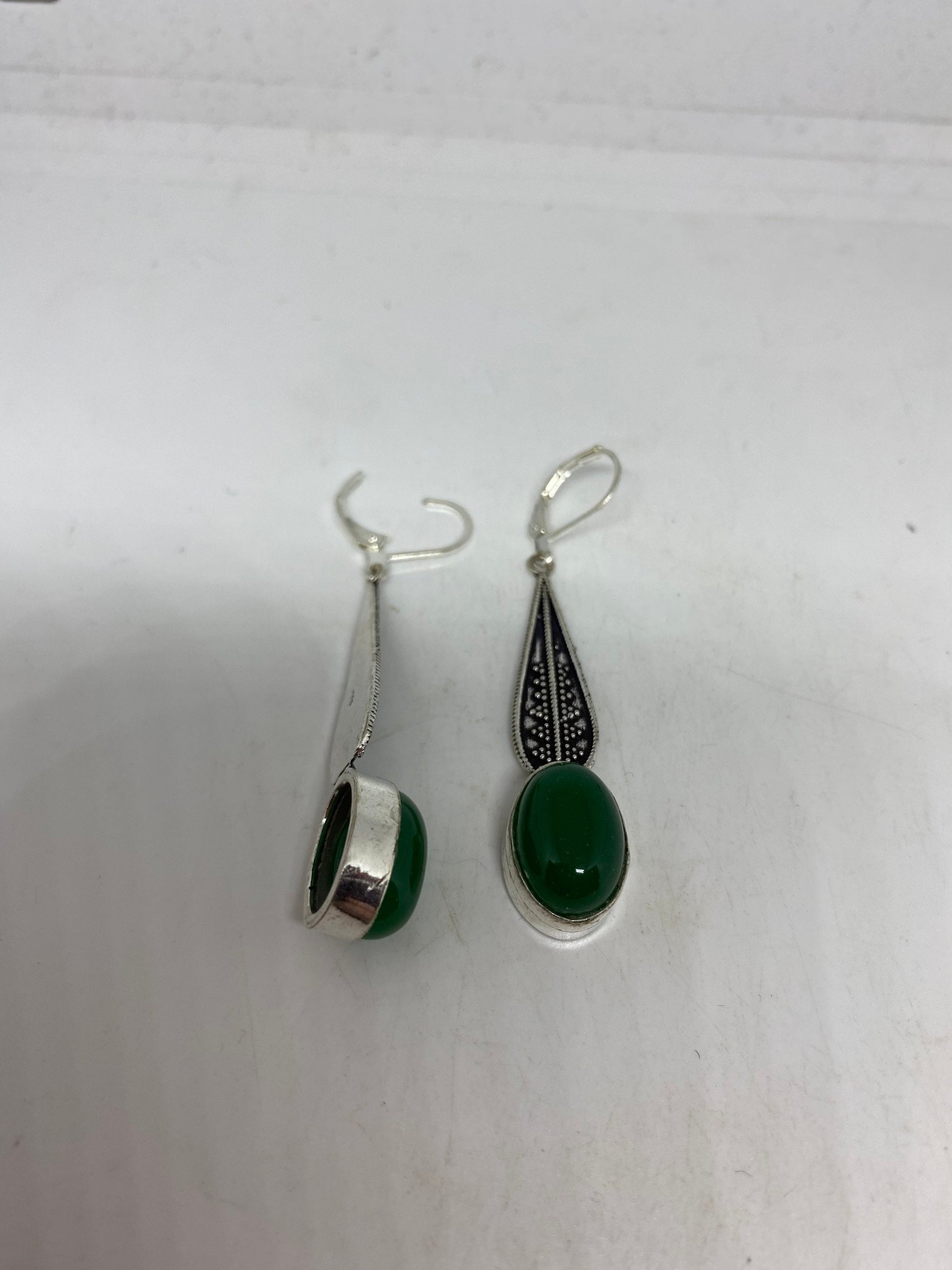 Antique Vintage Green Chrysoprase Silver Dangle Earrings