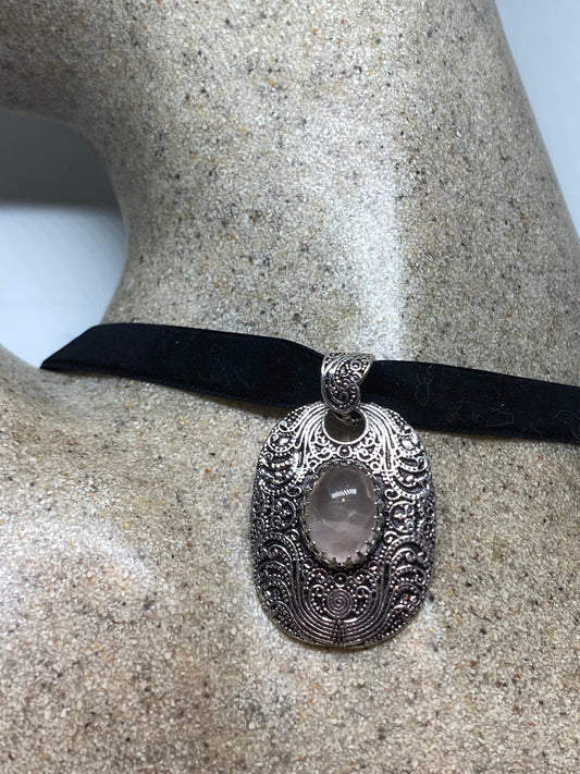 Vintage Handmade Silver Finish Rose Quartz Cross Choker Pendant
