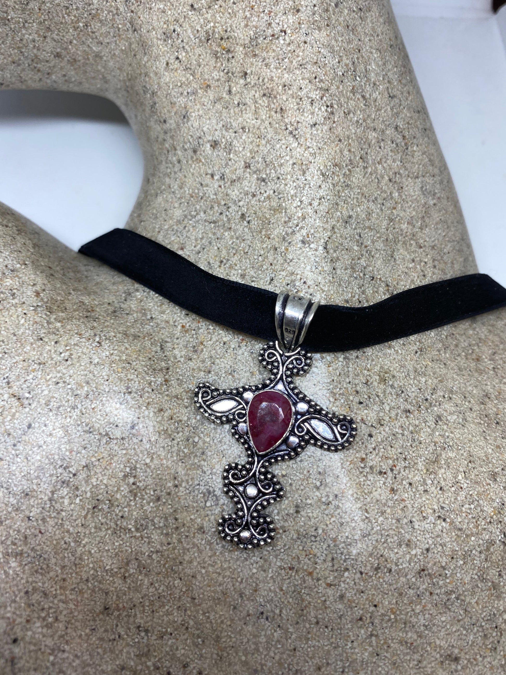 Vintage Pink Raw Ruby Cross Choker Pendant Necklace