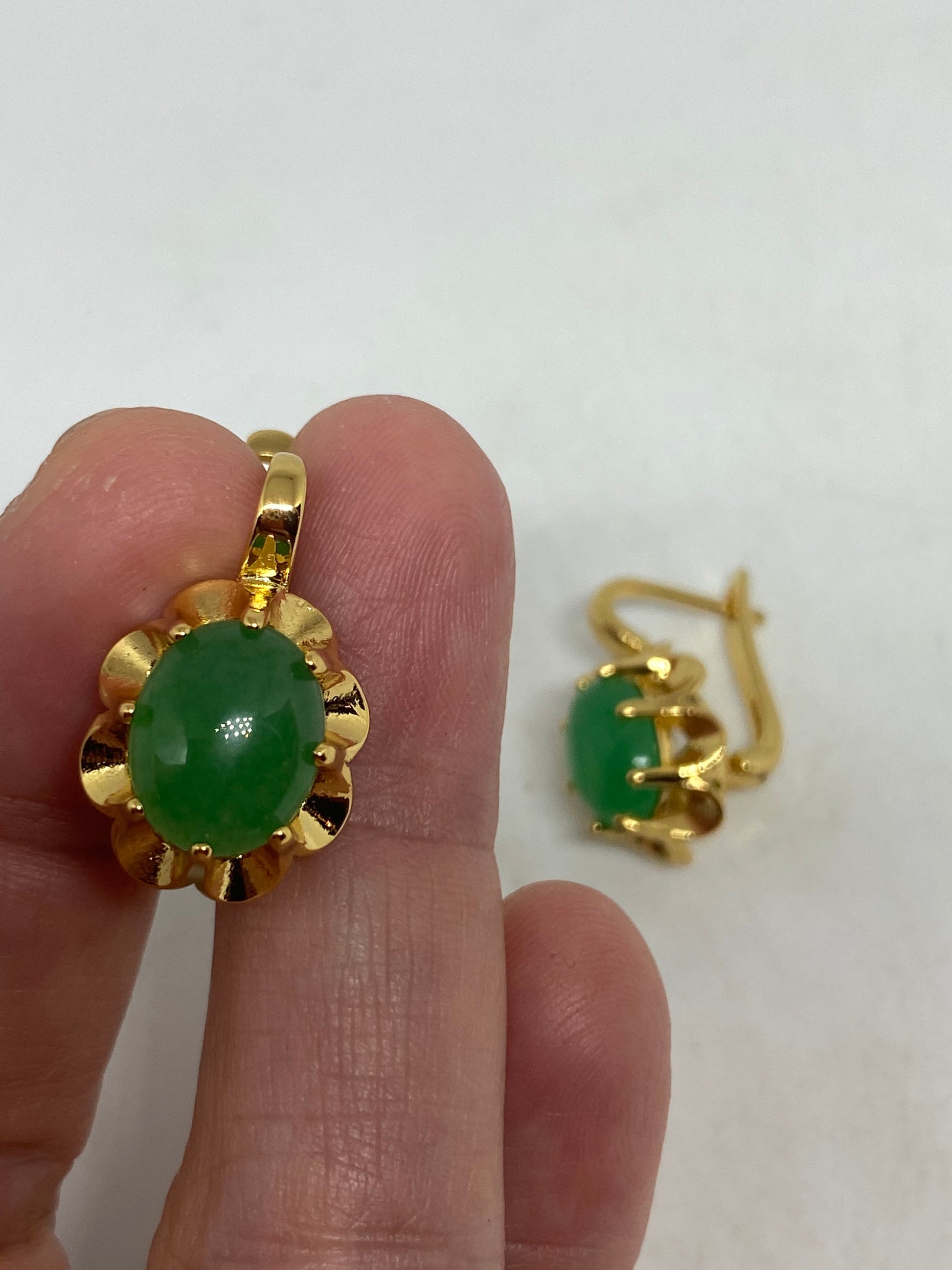 Vintage Fun Green Jade Golden Bronze Earrings