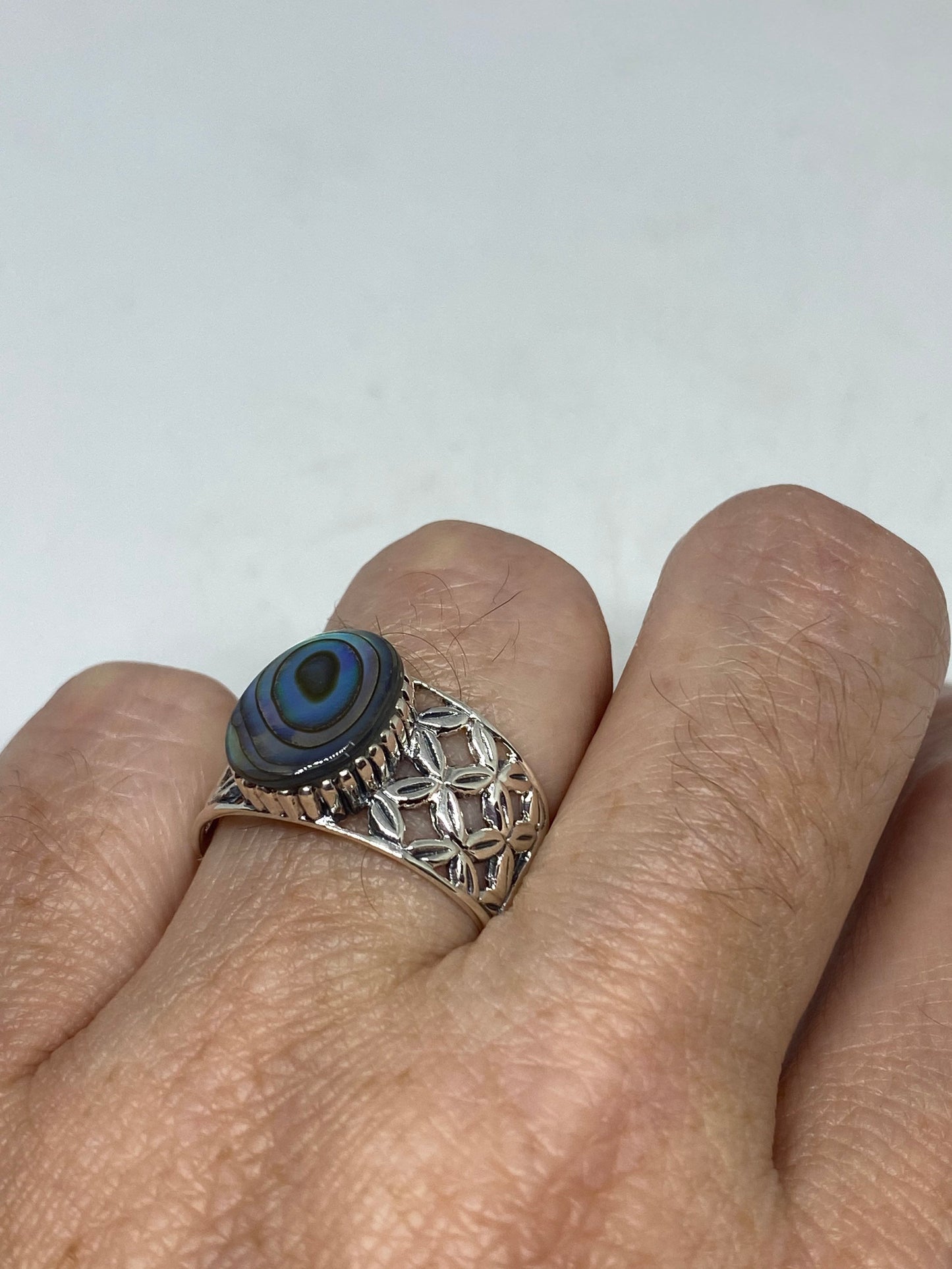 Antique Green Abalone Celtic Knot Filigree Sterling Silver Ring
