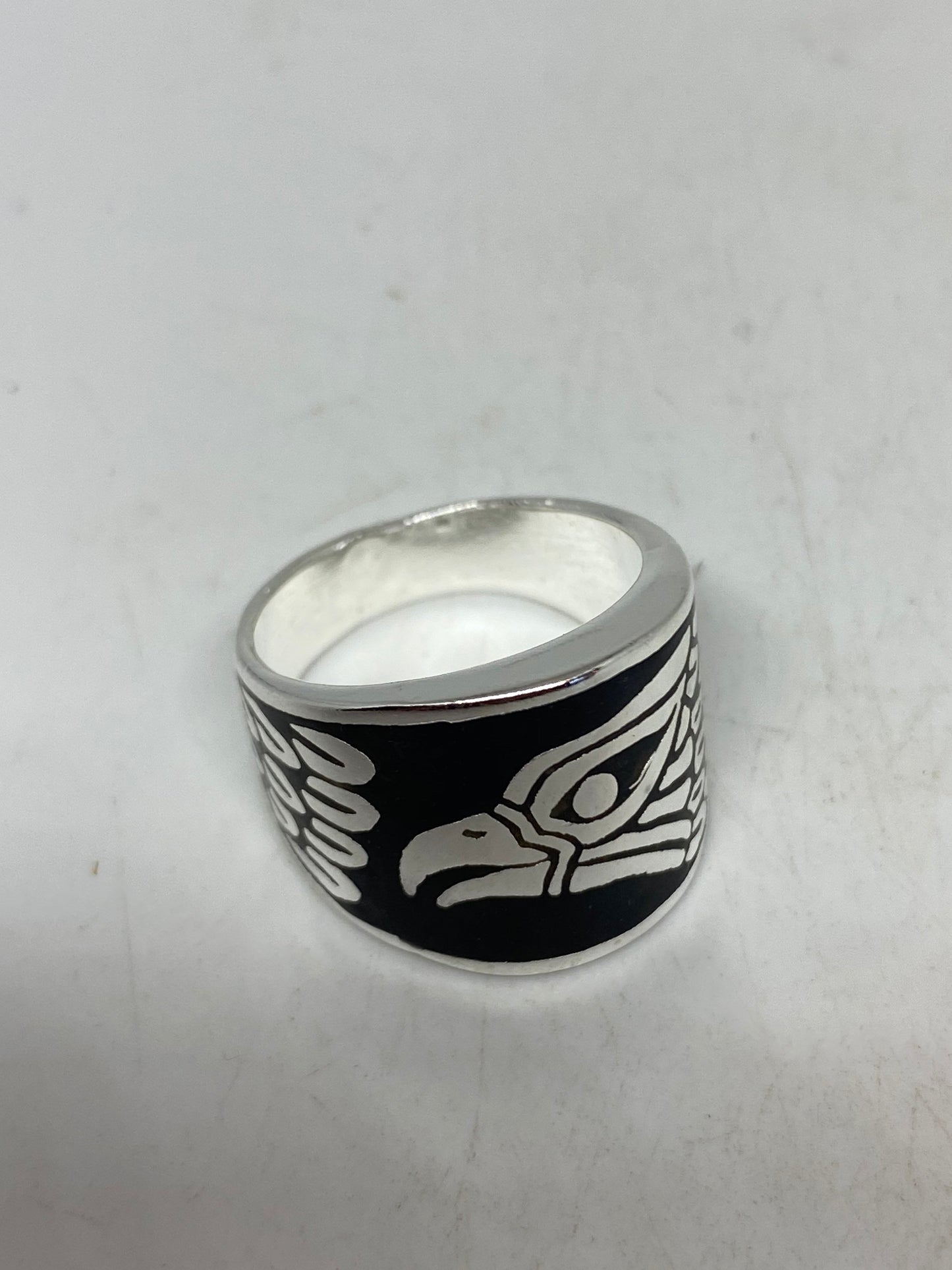 Vintage Native American Style Southwestern Black Inlay Mens Hawk Ring