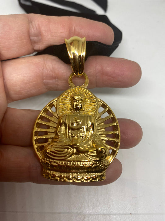 Vintage Gold Stainless Steel Buddha Amulet Pendant