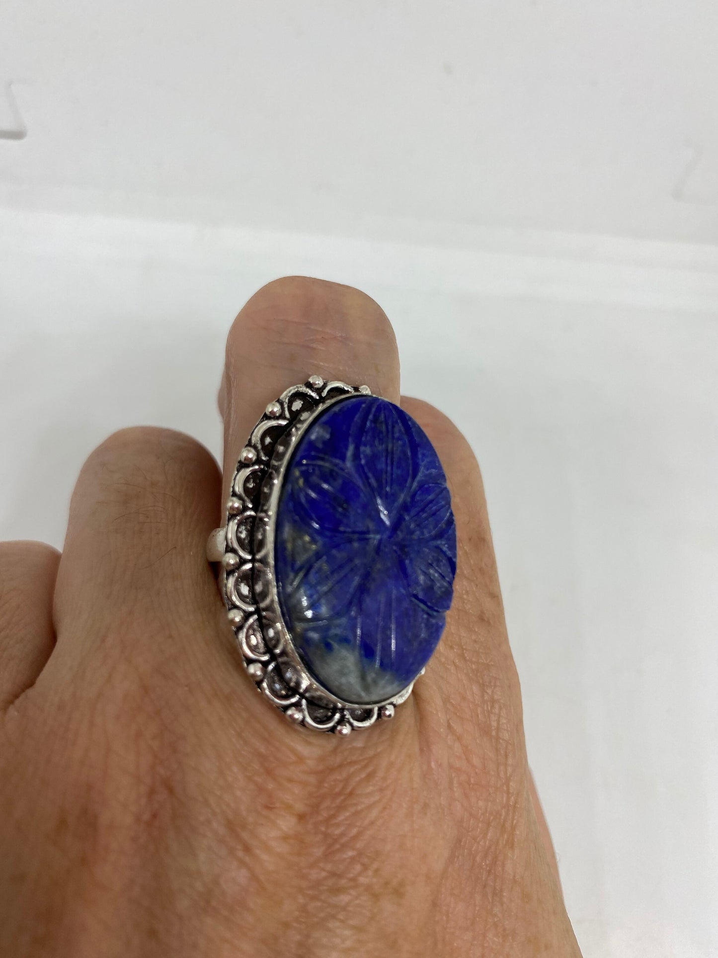 Vintage Blue Flower Carved Lapis Lazuli Ring