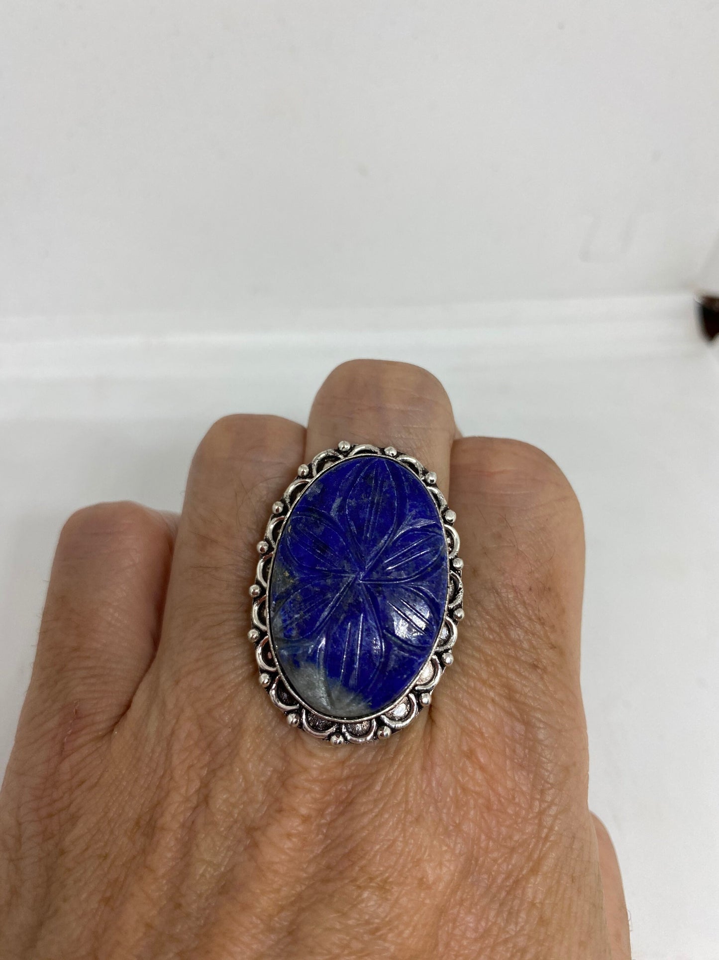 Vintage Blue Flower Carved Lapis Lazuli Ring