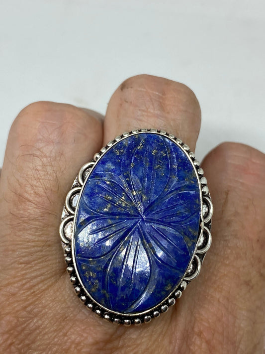 Vintage Blue Flower Carved Lapis Lazuli Ring