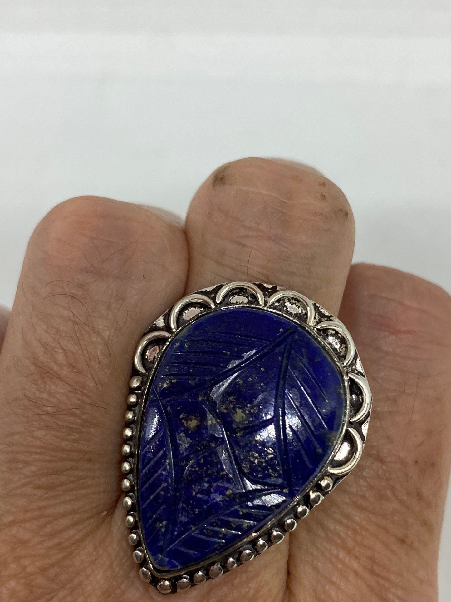 Vintage Blue Flower Carved Lapis Lazuli Ring