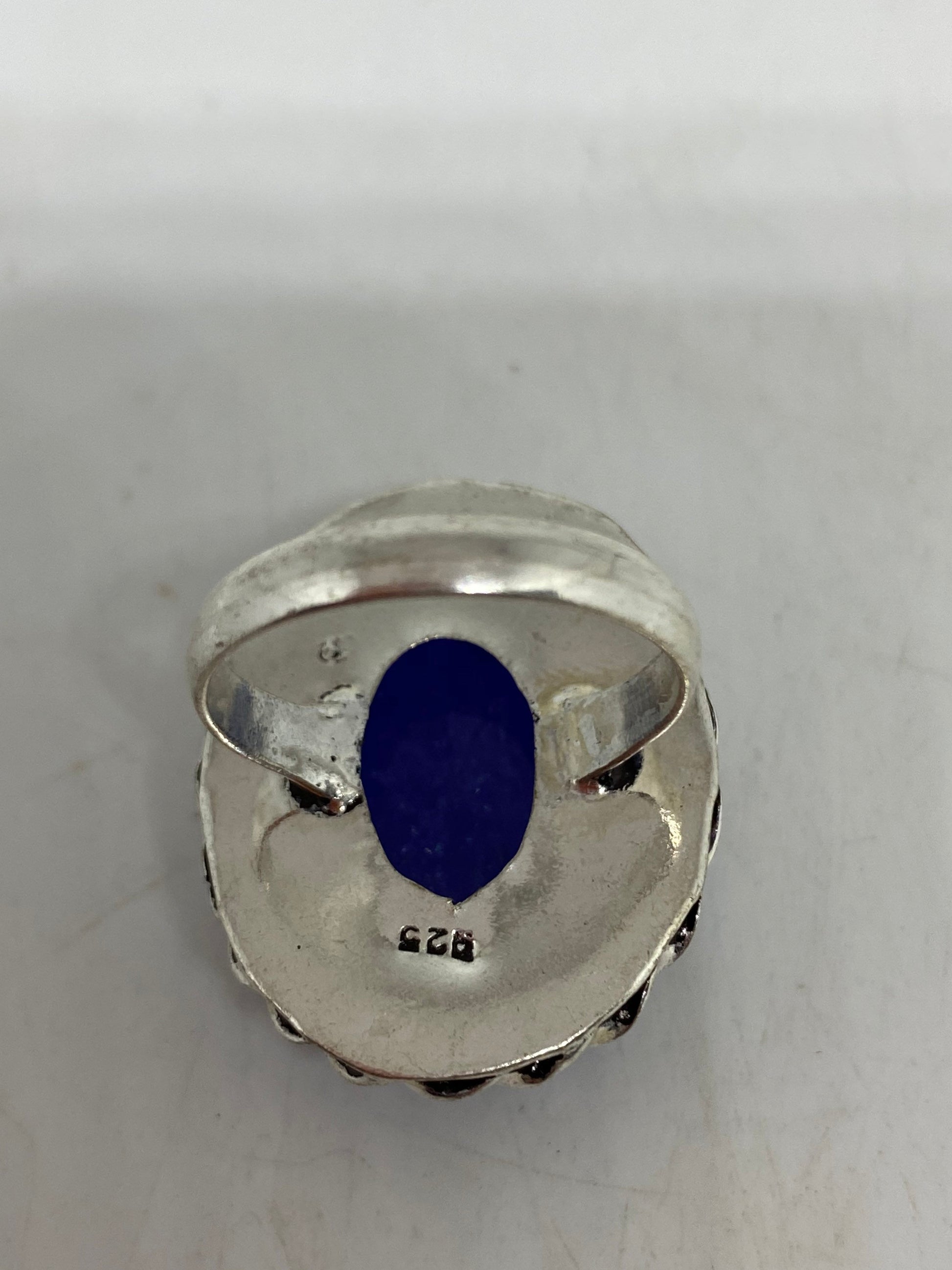 Vintage Handmade Deep Blue Sapphire Setting White Bronze Silver Gothic Ring