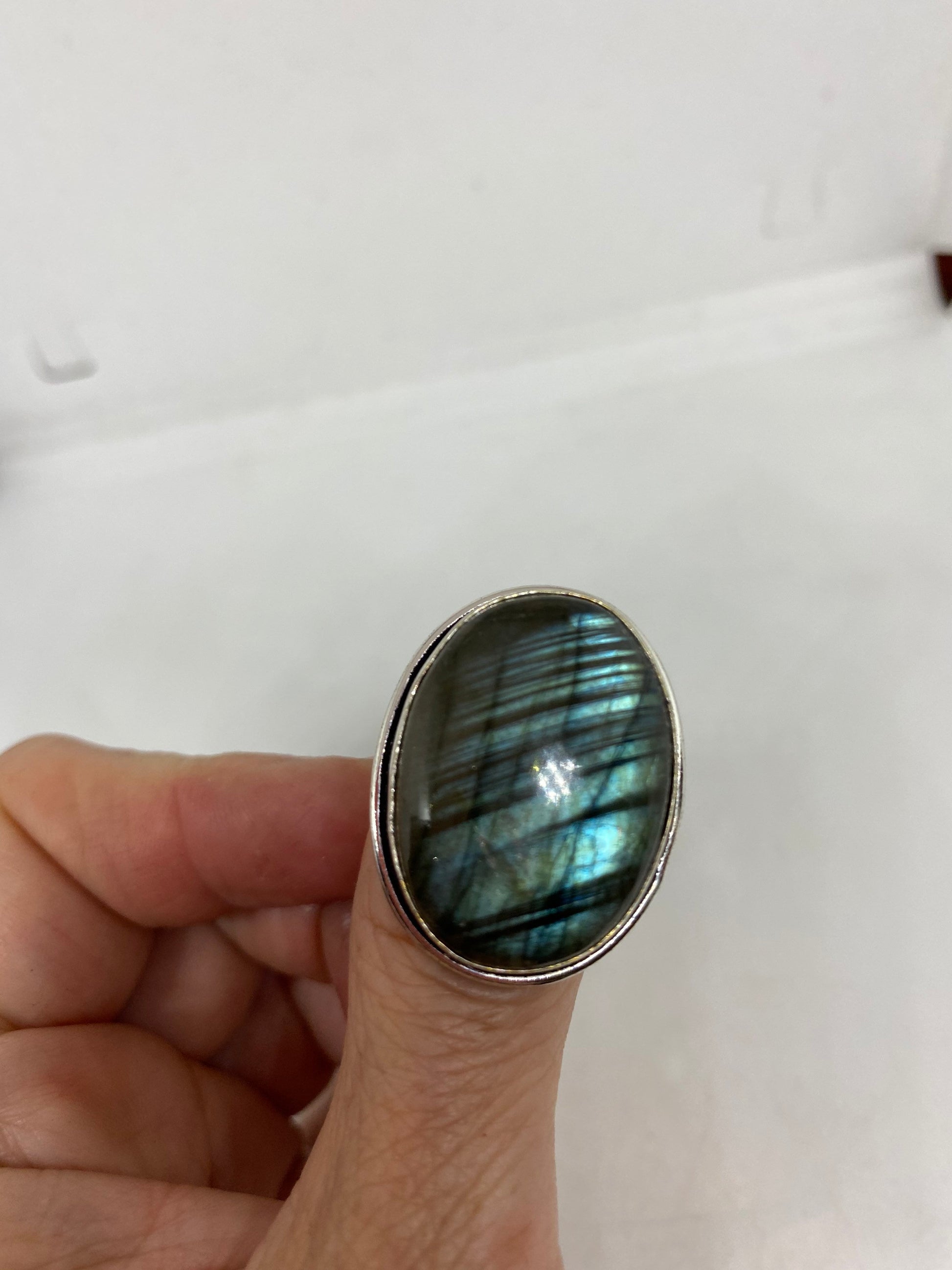 Vintage Large Blue Green Labradorite Stone Silver Ring