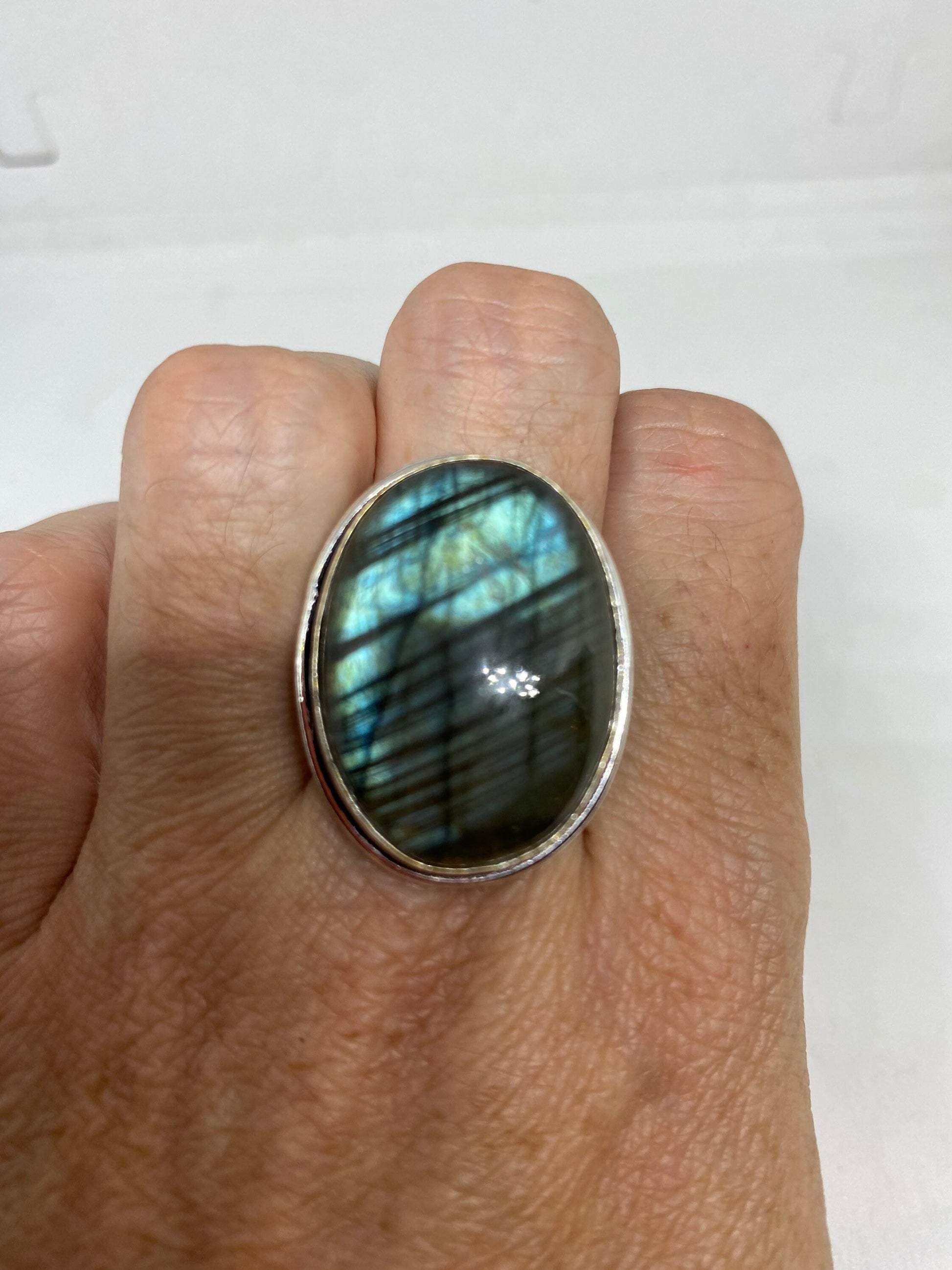 Vintage Large Blue Green Labradorite Stone Silver Ring