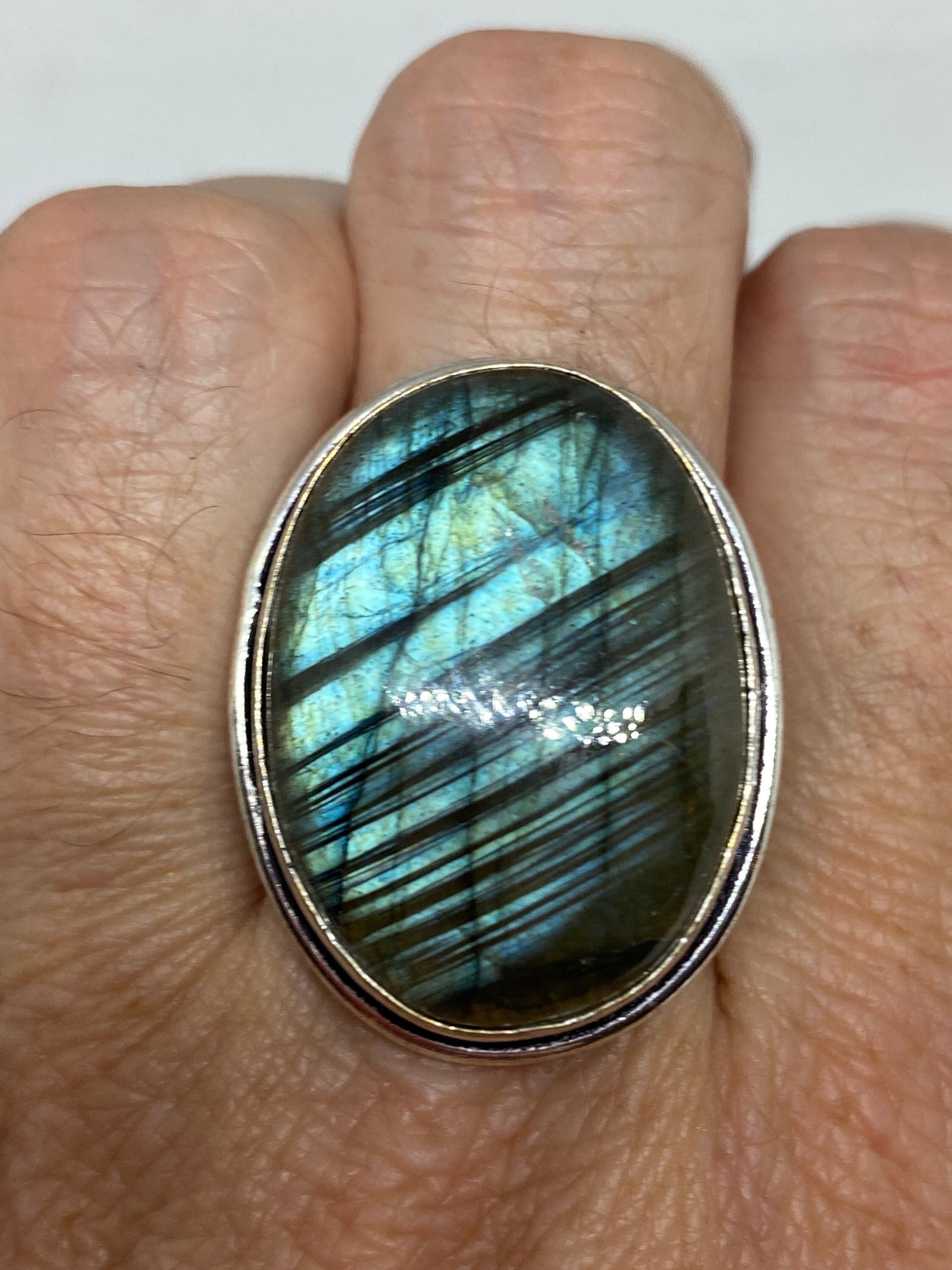 Vintage Large Blue Green Labradorite Stone Silver Ring