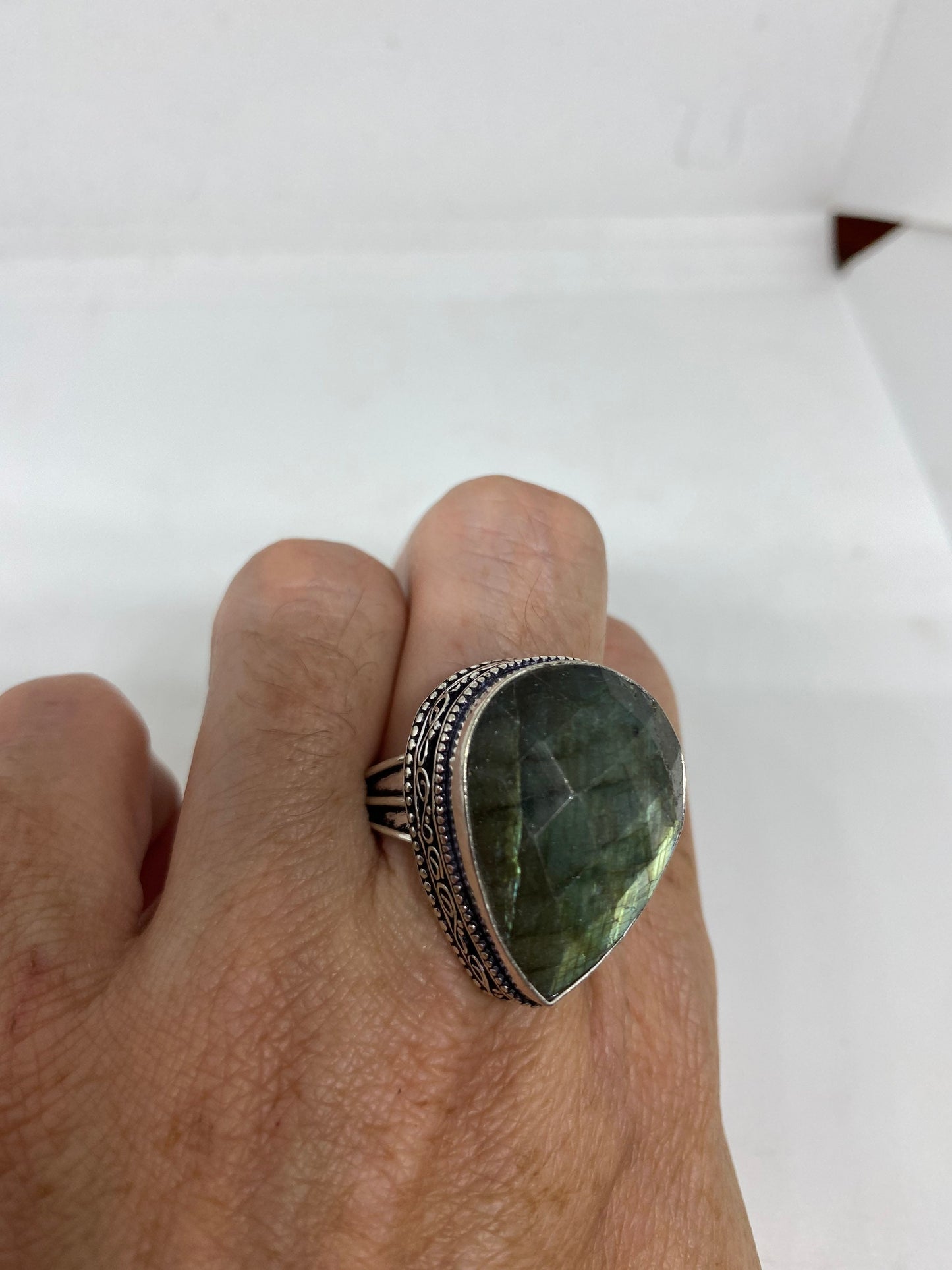 Vintage Large Blue Green Labradorite Stone Silver Ring