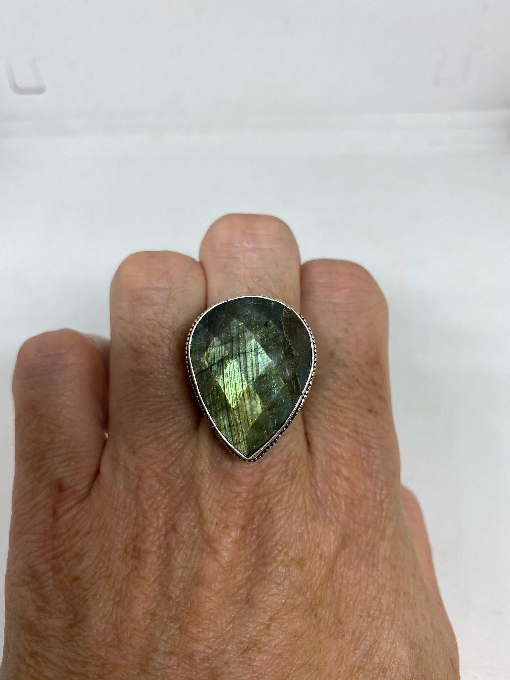 Vintage Large Blue Green Labradorite Stone Silver Ring