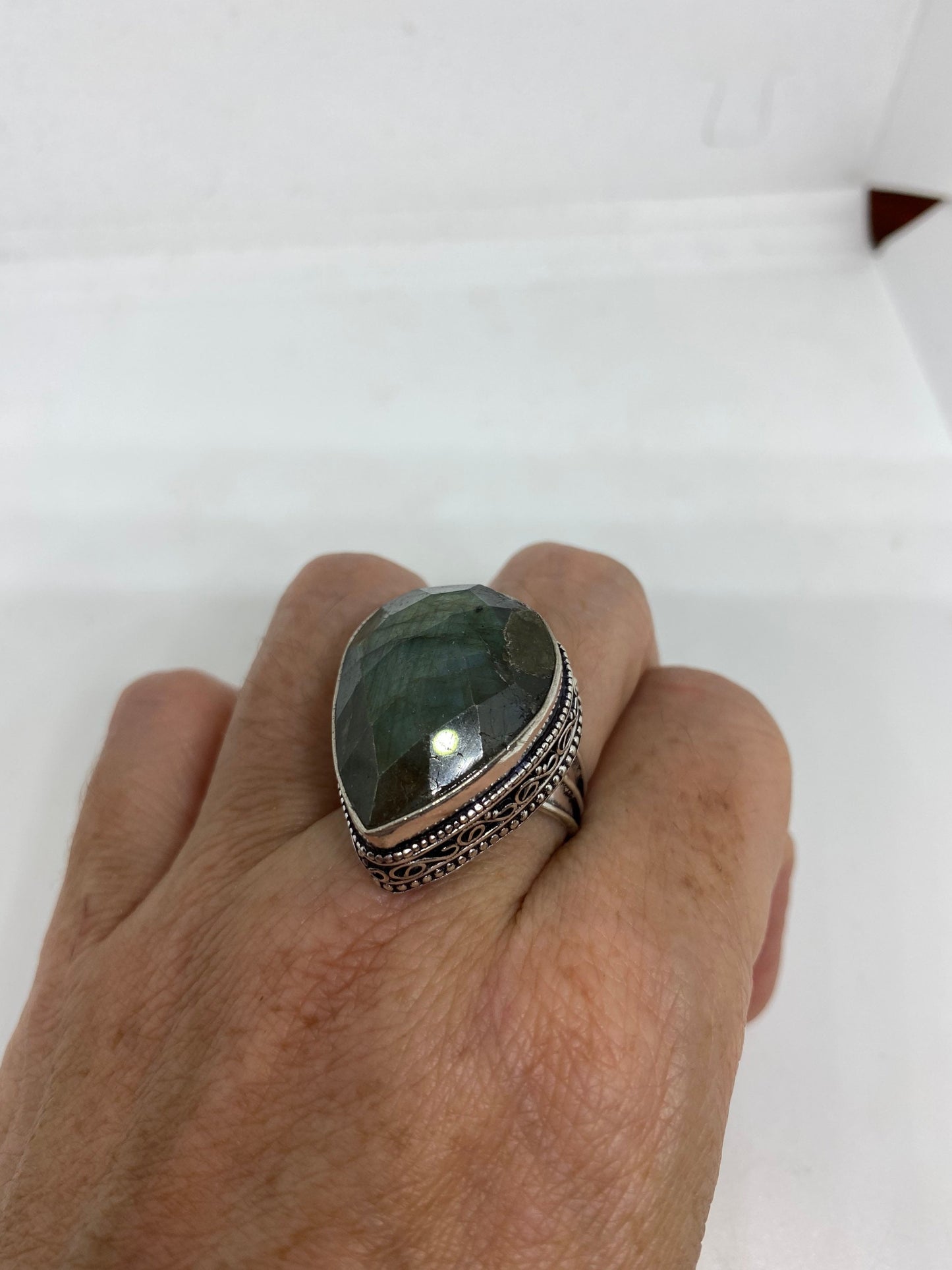 Vintage Large Blue Green Labradorite Stone Silver Ring