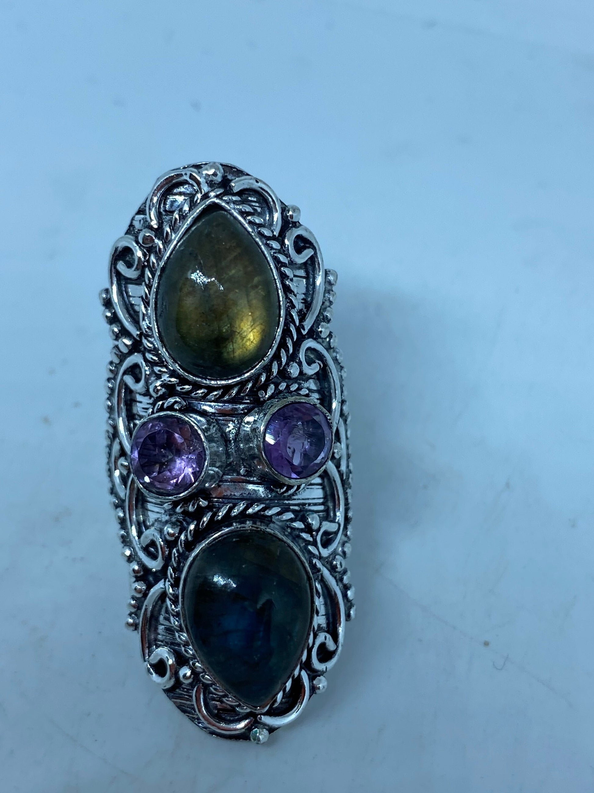 Vintage Large Blue Green Labradorite Stone Silver Ring