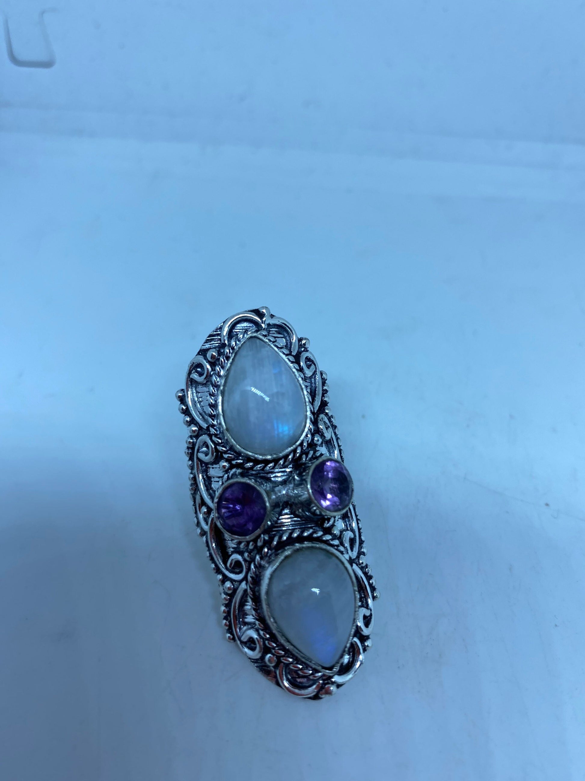 Vintage Blue Green Rainbow Moonstone Silver Ring