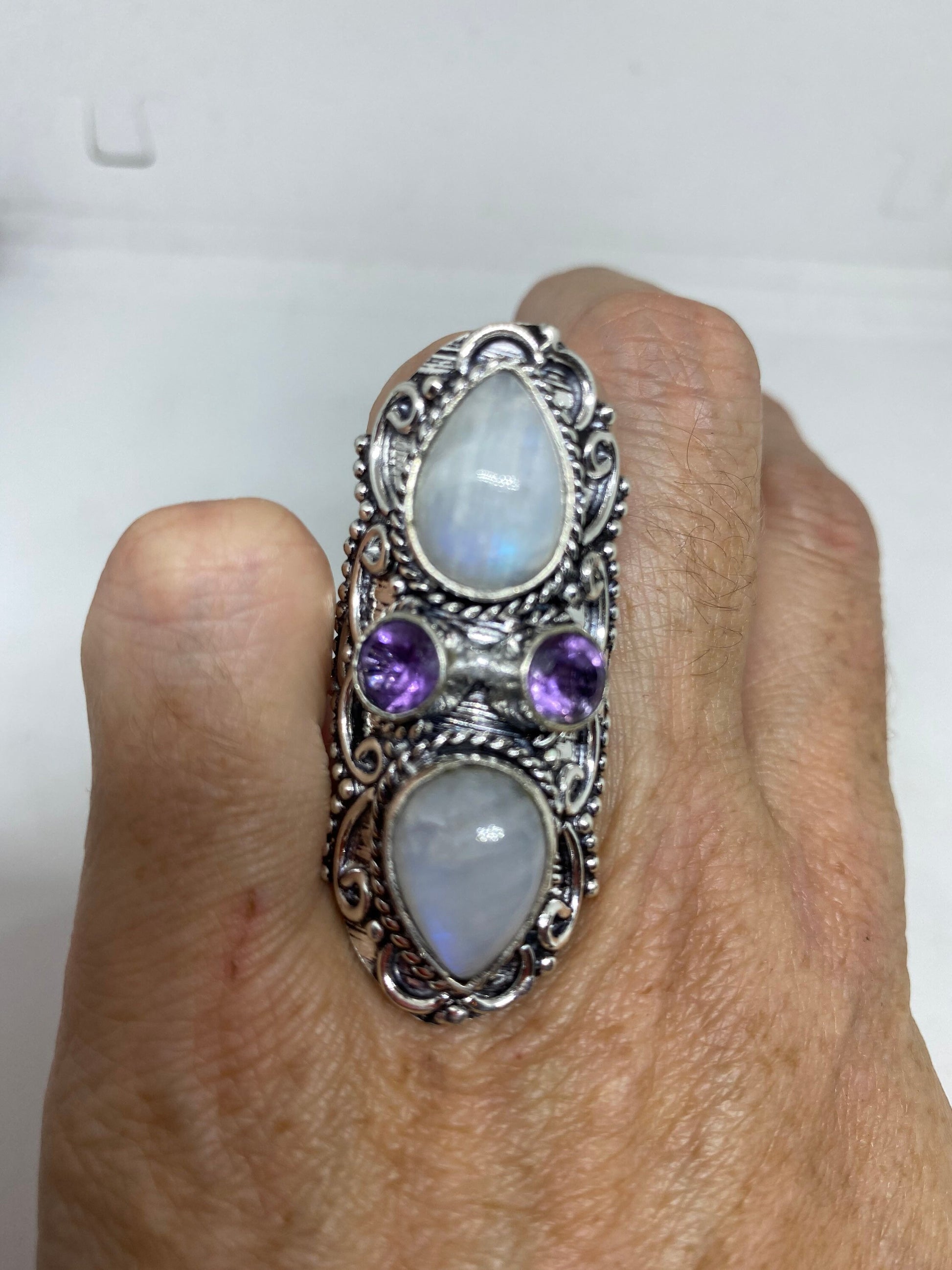 Vintage Blue Green Rainbow Moonstone Silver Ring