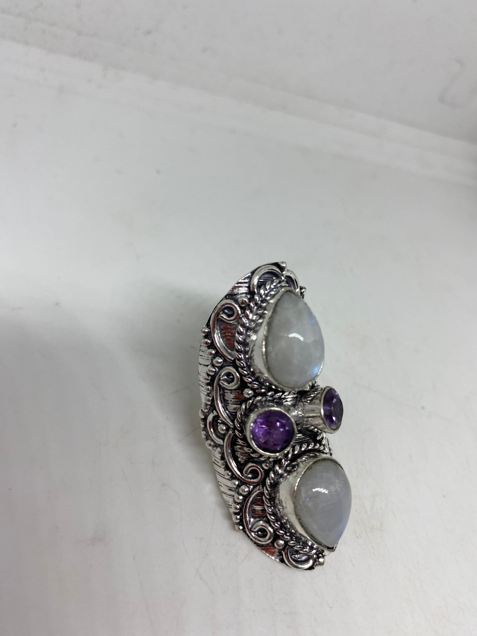 Vintage Blue Green Rainbow Moonstone Silver Ring