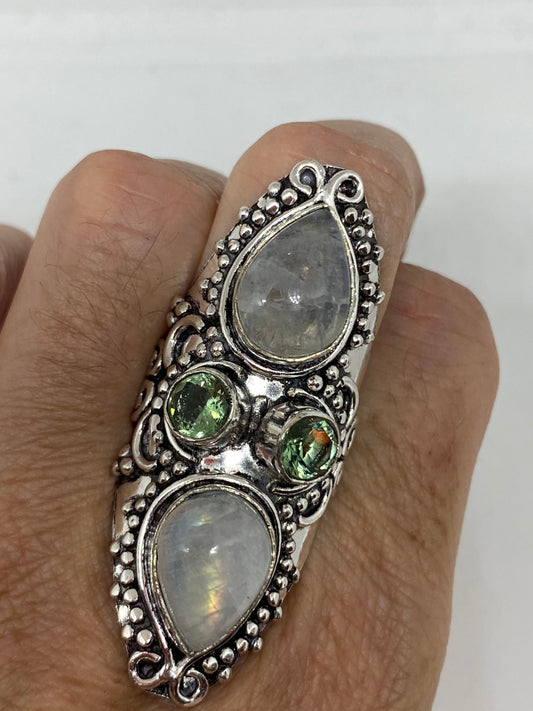 Vintage Blue Green Rainbow Moonstone Silver Ring