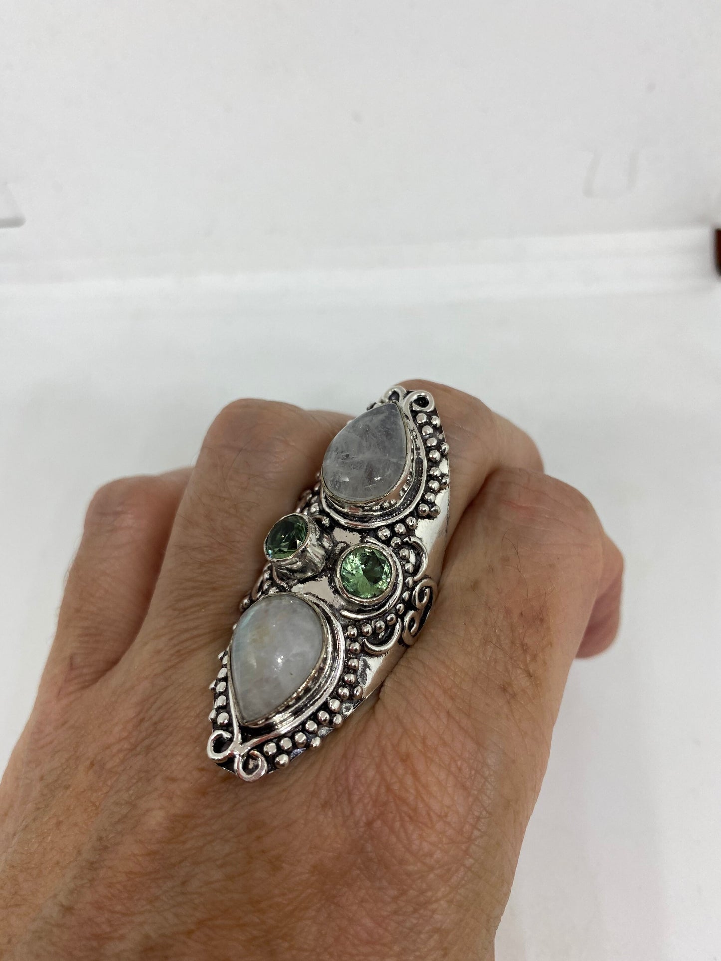 Vintage Blue Green Rainbow Moonstone Silver Ring