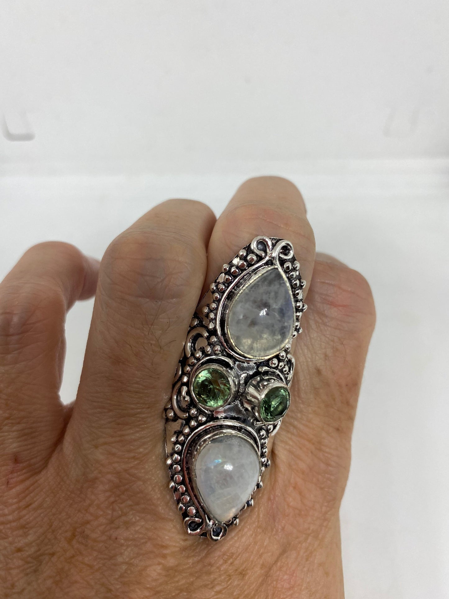 Vintage Blue Green Rainbow Moonstone Silver Ring